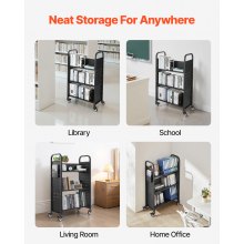 VEVOR Carro para Libros de 3 Niveles Estantería de Libros con Ruedas 77 x 38 x 122 cm Estante de Almacenamiento en Forma de V Carro Rodante para Biblioteca, Librería, Oficina, Escuela, Negro