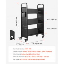 VEVOR Carro para Libros de 3 Niveles Estantería de Libros con Ruedas 77 x 38 x 122 cm Estante de Almacenamiento en Forma de V Carro Rodante para Biblioteca, Librería, Oficina, Escuela, Negro