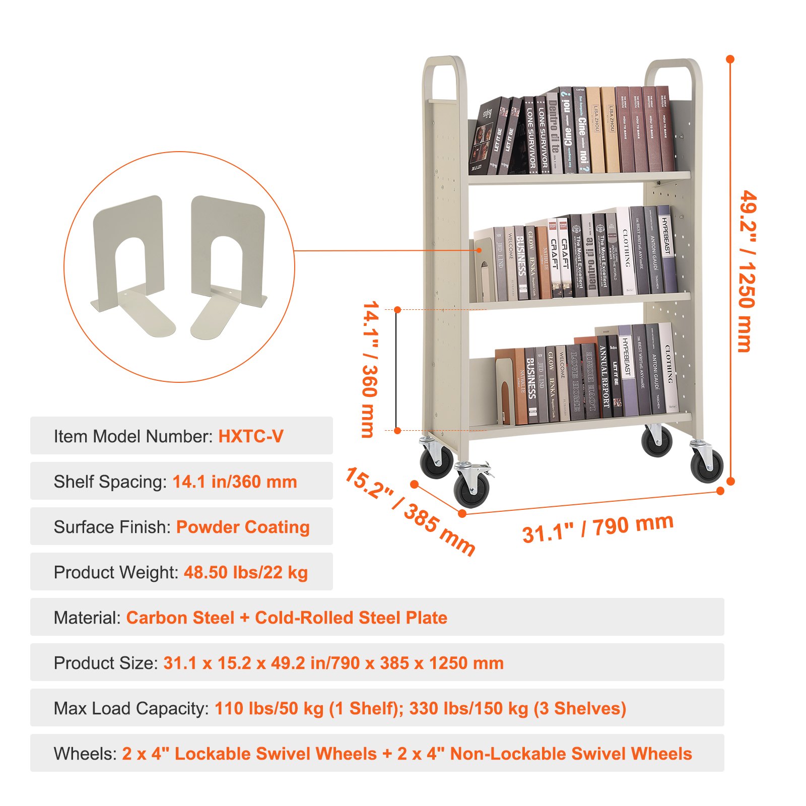 VEVOR Carro para Libros, Carro para Biblioteca con Estante Inclinado en Forma de V de Un Lado, 150 kg, 790x385x1250 mm, Ruedas Bloqueables, Almacenamiento de Libros y Almacenamiento para Escuela
