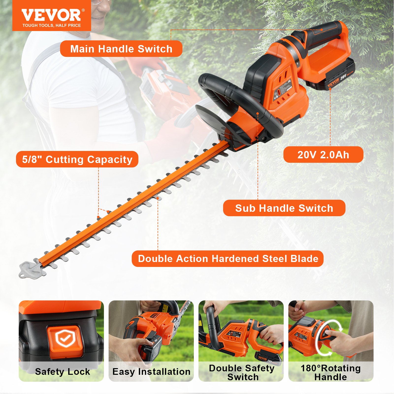 VEVOR Cortasetos a Batería 20 V Cortasetos Inalámbrico Cuchilla de Acero de Doble Filo 45,7 cm Cortasetos Eléctrico Ramas con Cargador Rápido Cubierta Protectora de Cuchilla Cabezal Giratorio 180°