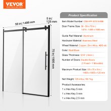 VEVOR Puerta de Ducha sin Marco 1474-1499x1905mm de Vidrio Templado 5/16" Negro