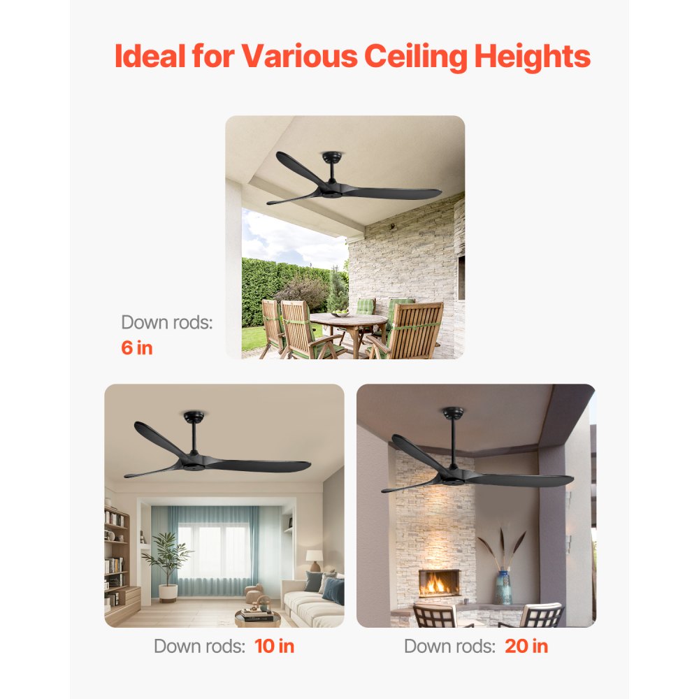 VEVOR Ventilador Moderno de Techo Sin Luz 180 cm con Mando a Distancia 6 Velocidades, 3 Aspas de Madera, Motor DC Reversible, para Dormitorio, Salón, Interior, Exterior, Negro,  Φ 1800 x 662,8 mm