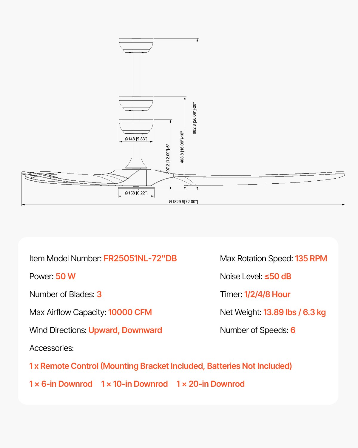 VEVOR Ventilador de Techo Sin Luz 180 cm Mando a Distancia 6 Velocidades 3 Aspas de Madera, Motor DC Reversible, Ventilador Moderno para Dormitorio, Interior, Exterior, Nogal, Φ 1800 x 662,8 mm