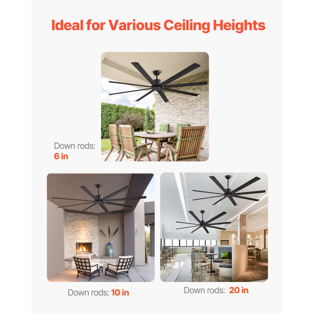 VEVOR Ventilador Moderno de Techo sin Luz 214 cm con Mando a Distancia 6 Velocidades, 8 Aspas de Aluminio, Motor DC Reversible, para Dormitorio, Salón, Interior, Exterior, Negro, Φ 2140 x 705,8 mm