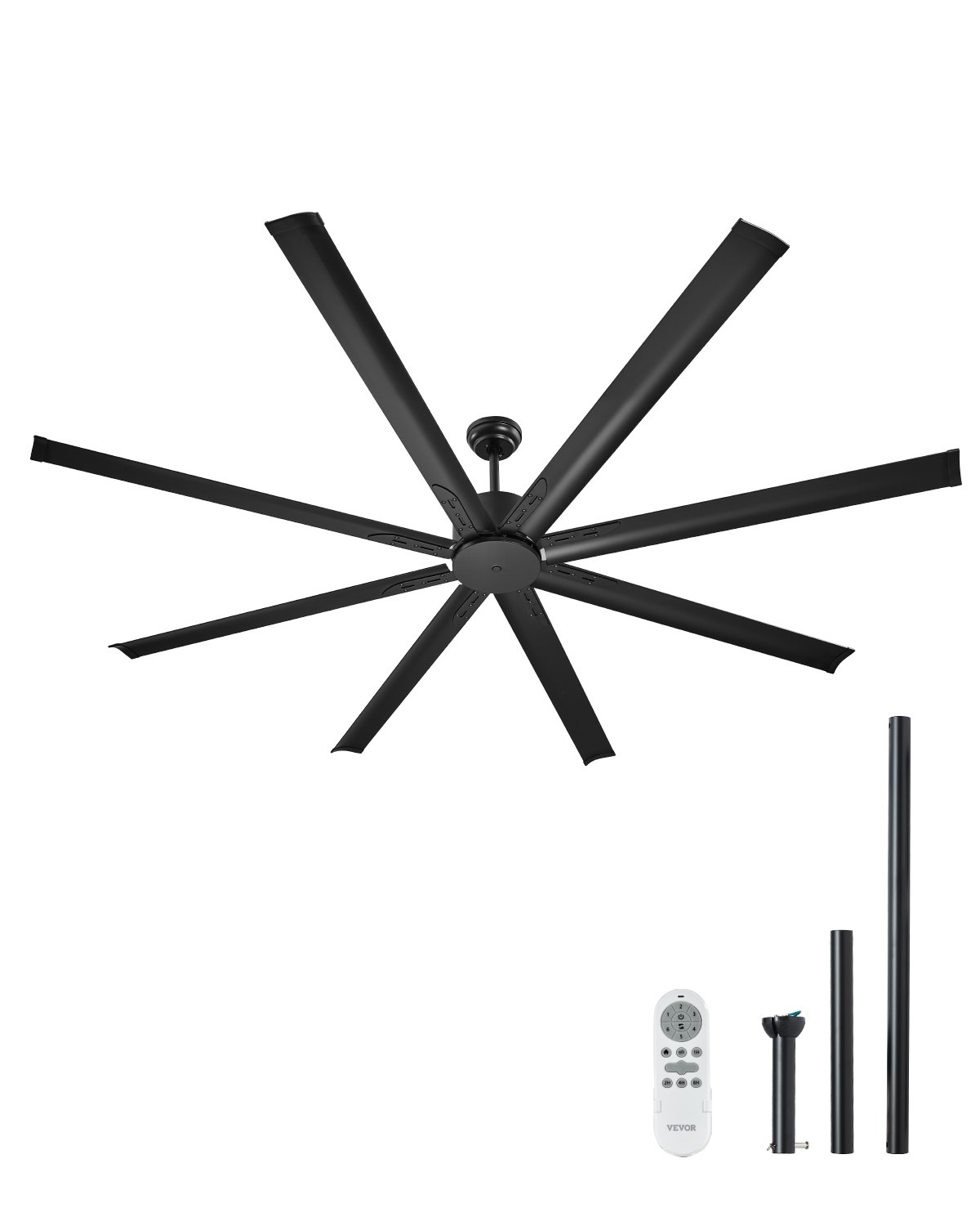 VEVOR Ventilador Moderno de Techo sin Luz 214 cm con Mando a Distancia 6 Velocidades, 8 Aspas de Aluminio, Motor DC Reversible, para Dormitorio, Salón, Interior, Exterior, Negro, Φ 2140 x 705,8 mm