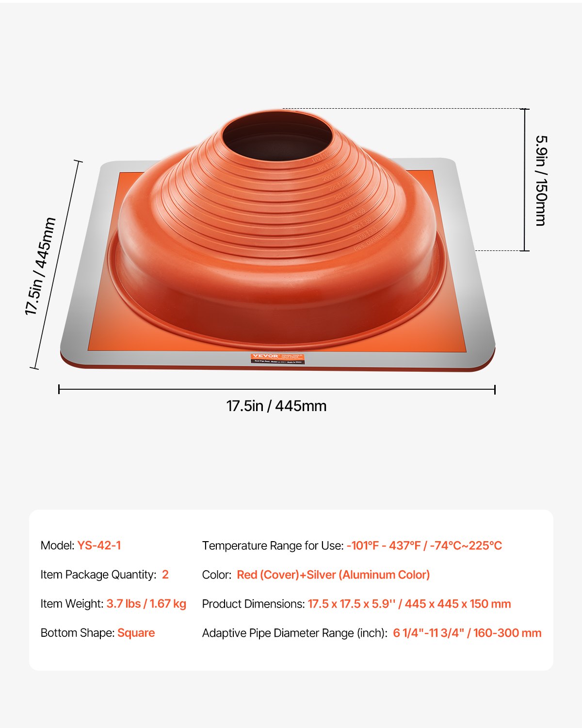 VEVOR 2 pcs. Pipe collar, suitable for pipe outer diameter 160-300mm, roof pipe roof penetration, roof sealing flange -74-225℃, metal base, for chimney, wood stove & external ventilation pipe