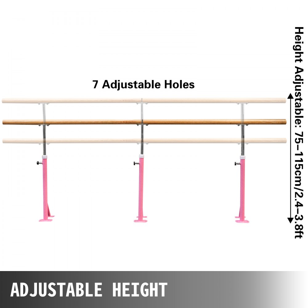 VEVOR Barra de Ballet 3M Barra ballet Portátil Altura Ajustable 75cm-115cm, Barra Ballet Portátil Rosa, Barra de Ballet Móvil Capacidad hasta 150 kg para Hogar, Escuela, Estudio de Baile y Gimnasio