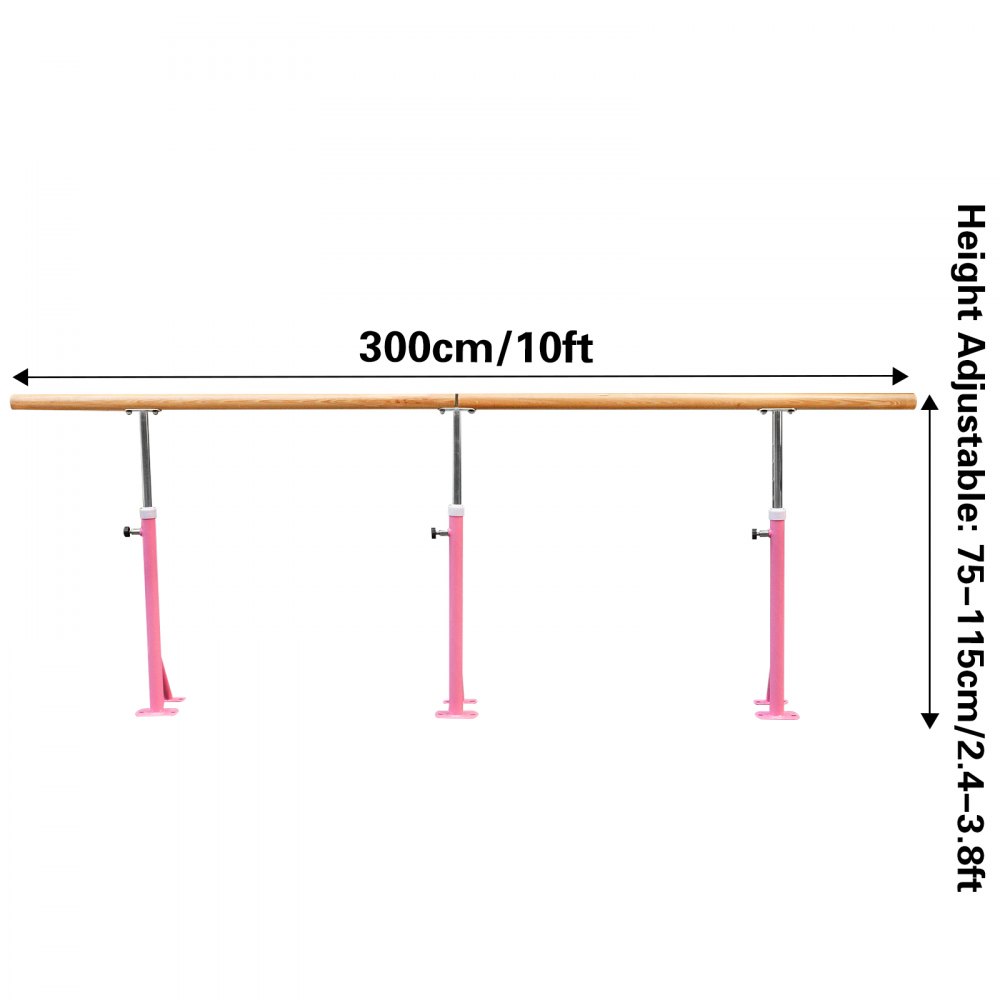 VEVOR Barra de Ballet 3M Barra ballet Portátil Altura Ajustable 75cm-115cm, Barra Ballet Portátil Rosa, Barra de Ballet Móvil Capacidad hasta 150 kg para Hogar, Escuela, Estudio de Baile y Gimnasio