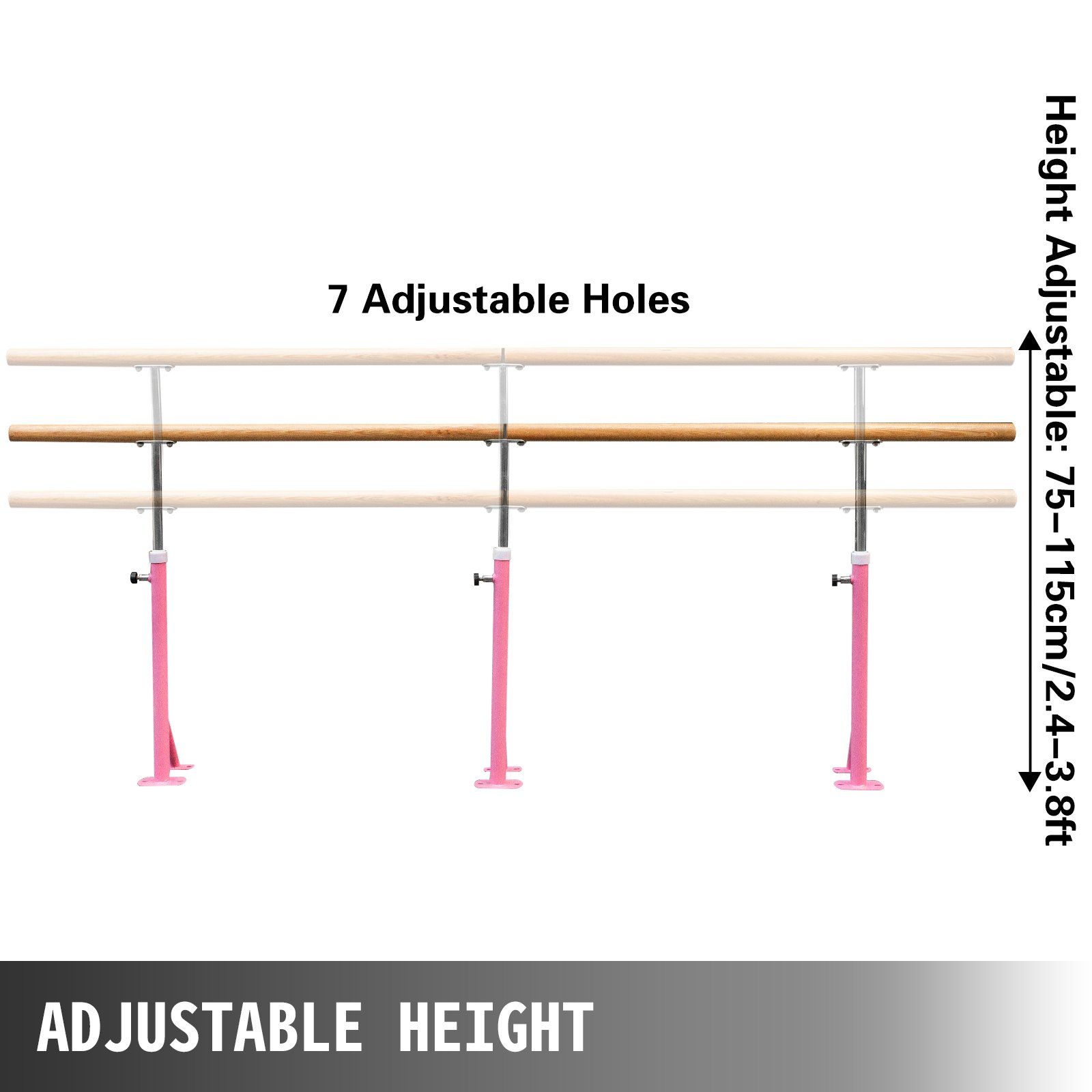 VEVOR Barra de Ballet 3M Barra ballet Portátil Altura Ajustable 75cm-115cm, Barra Ballet Portátil Rosa, Barra de Ballet Móvil Capacidad hasta 150 kg para Hogar, Escuela, Estudio de Baile y Gimnasio
