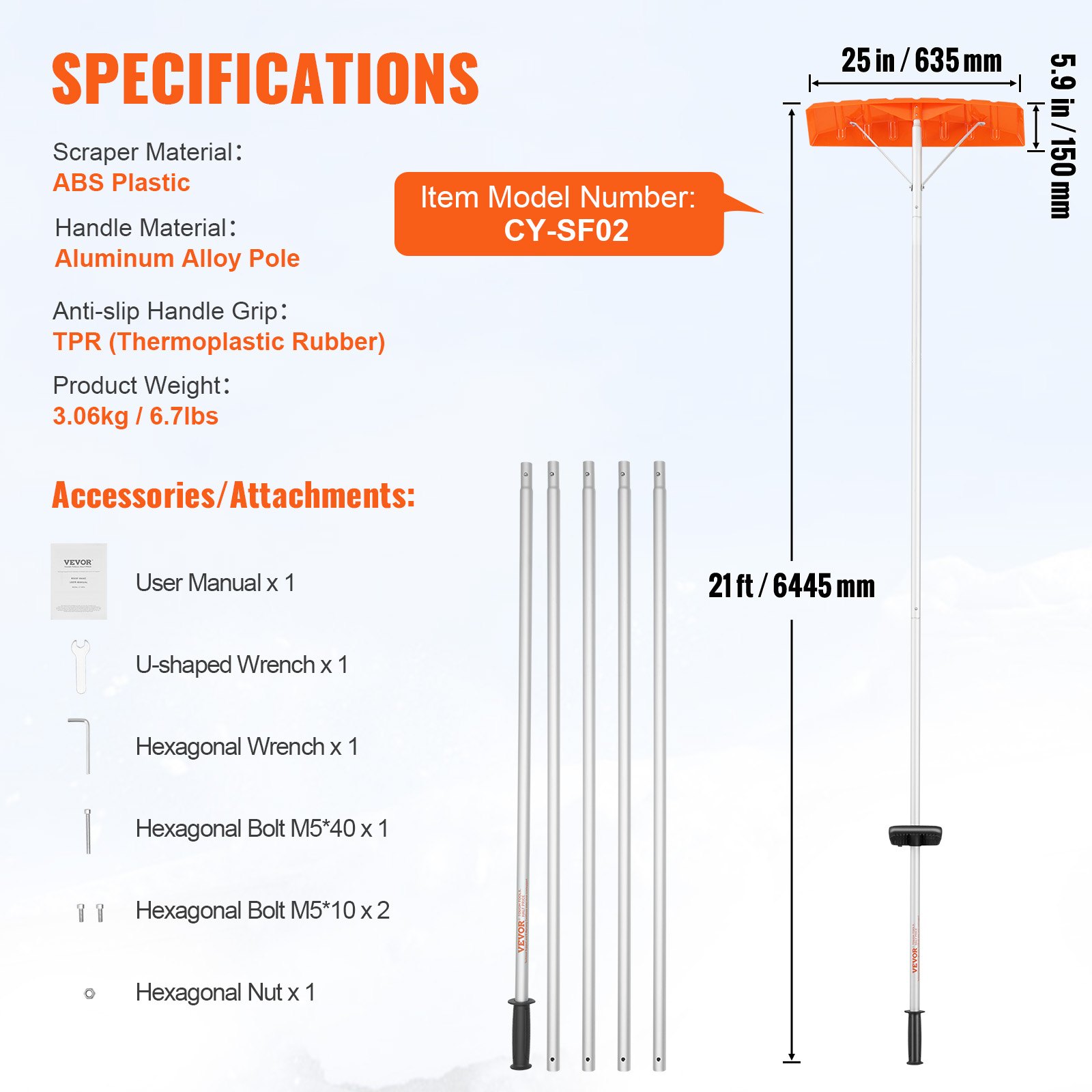 VEVOR Snow Shovel for Roofs, 64 cm, Adjustable Range 1.52 to 6.4 m, Roof Snow Remover made of Aluminum and ABS Shovel, Snow Pusher, Snow Remover, Roof Clearer with Non-Slip Handle