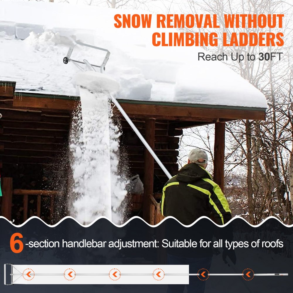 VEVOR Rastrillo de Nieve para Techo 47,4 cm Herramienta de Eliminación de Nieve ABS Alcance de 9 m con Ruedas Protectoras de Techo Mango Antideslizante Rastrillo Ajustable para Techo, Hojas, Nieve