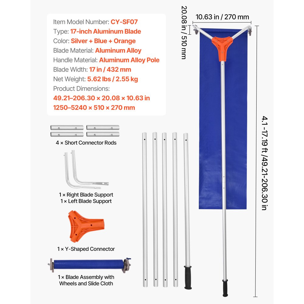 VEVOR Rastrillo de Nieve para Techo 125 - 524 cm con Raspador de 432 mm, Herramienta de Eliminación de Nieve, Mango Antideslizante, Protectoras de Techo con Ruedas para Hojas Caídas, Escombros