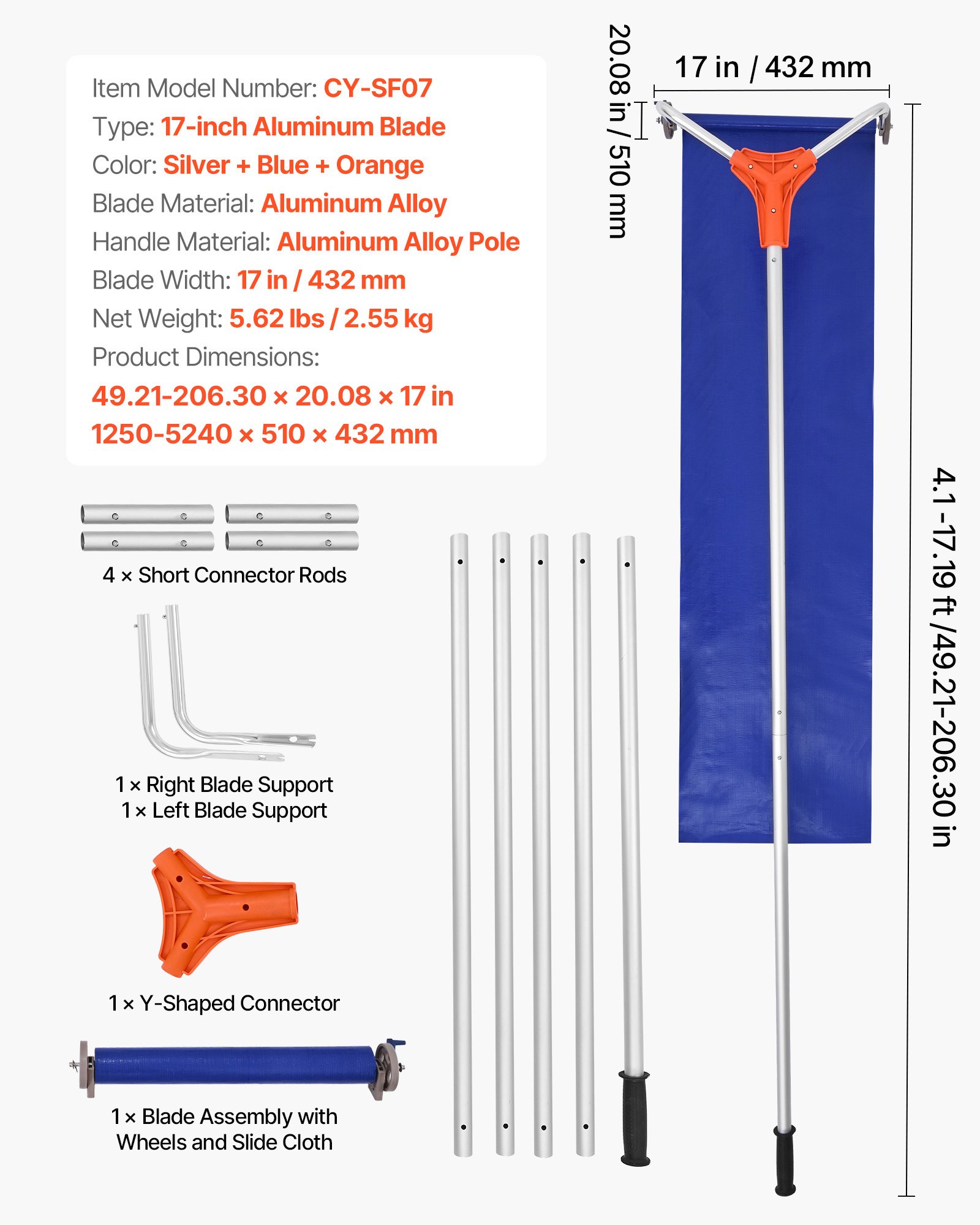 VEVOR Rastrillo de Nieve para Techo 125 - 524 cm con Raspador de 432 mm, Herramienta de Eliminación de Nieve, Mango Antideslizante, Protectoras de Techo con Ruedas para Hojas Caídas, Escombros