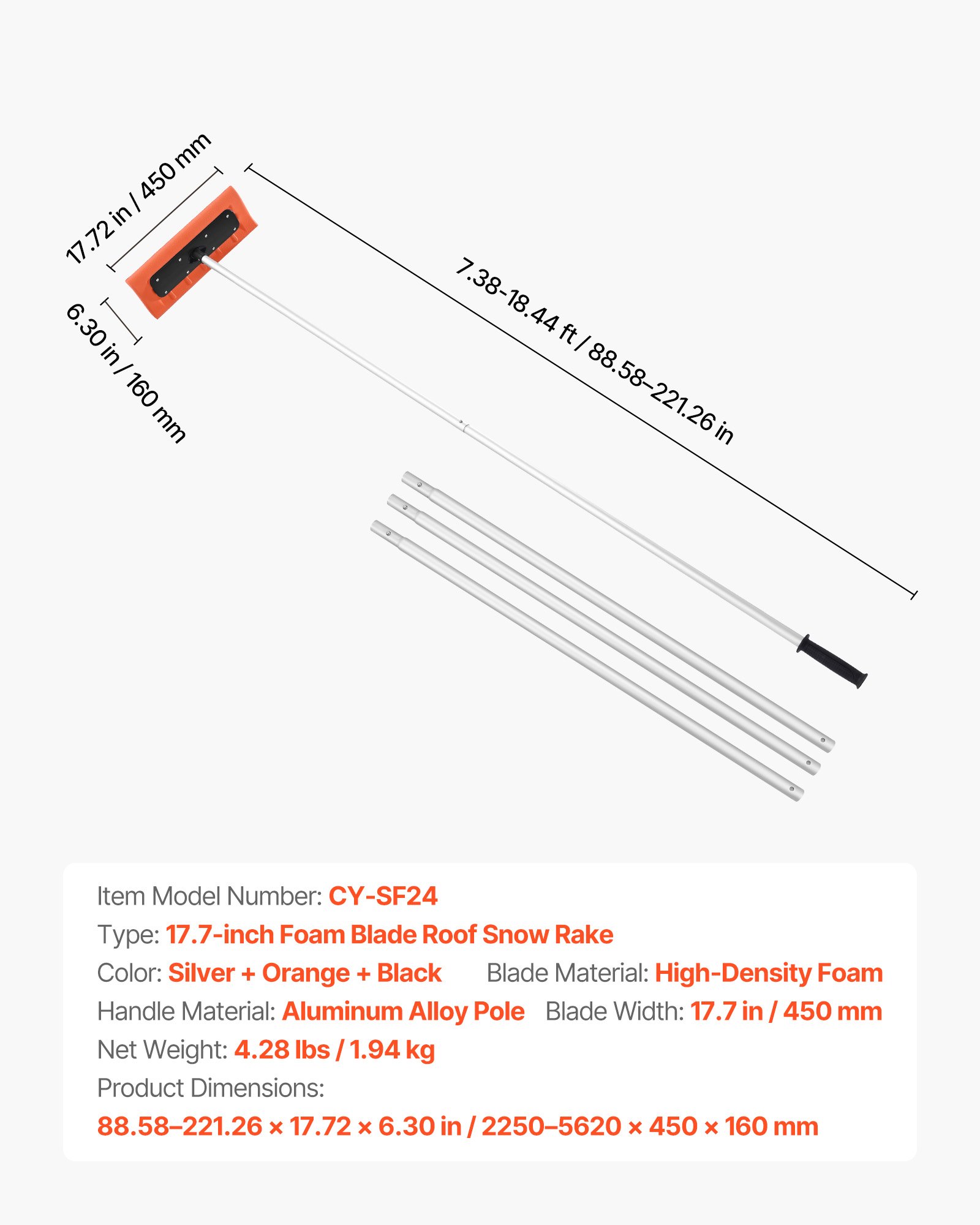 VEVOR Rastrillo de Nieve para Techo 225 - 562 cm con Raspador de 450 mm, Herramienta de Eliminación de Nieve, Mango Antideslizante, Protectoras de Techo con Ruedas para Hojas Caídas, Escombros