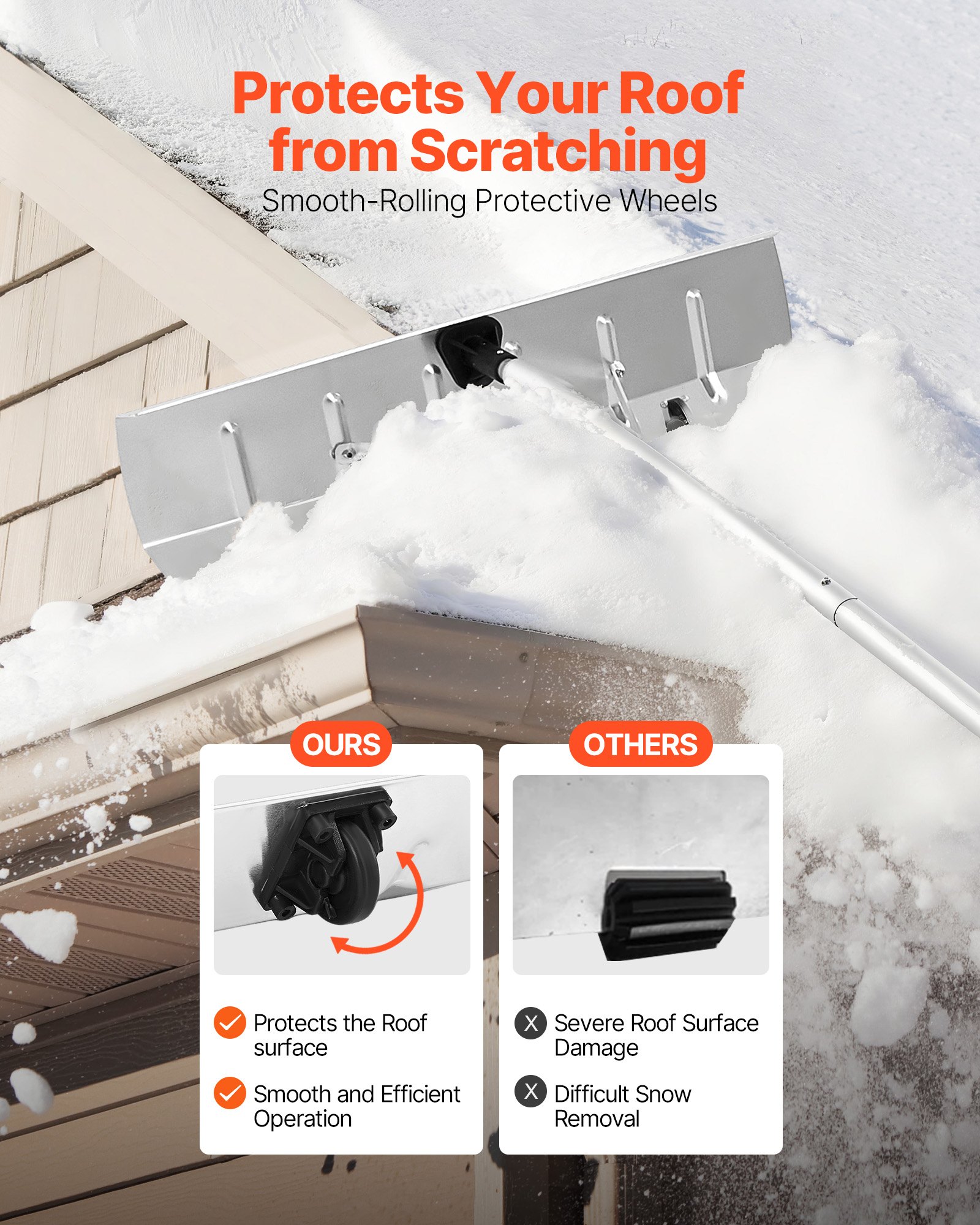 VEVOR Snow Roof Rake, 66 cm Aluminum Blade, 2.3-6 m Adjustable Roof Snow Scraper with Wheels, Anti-Slip Handle Snows Removal Tool, Lightweight House Rooftop Rake for Leaves Debris Removal