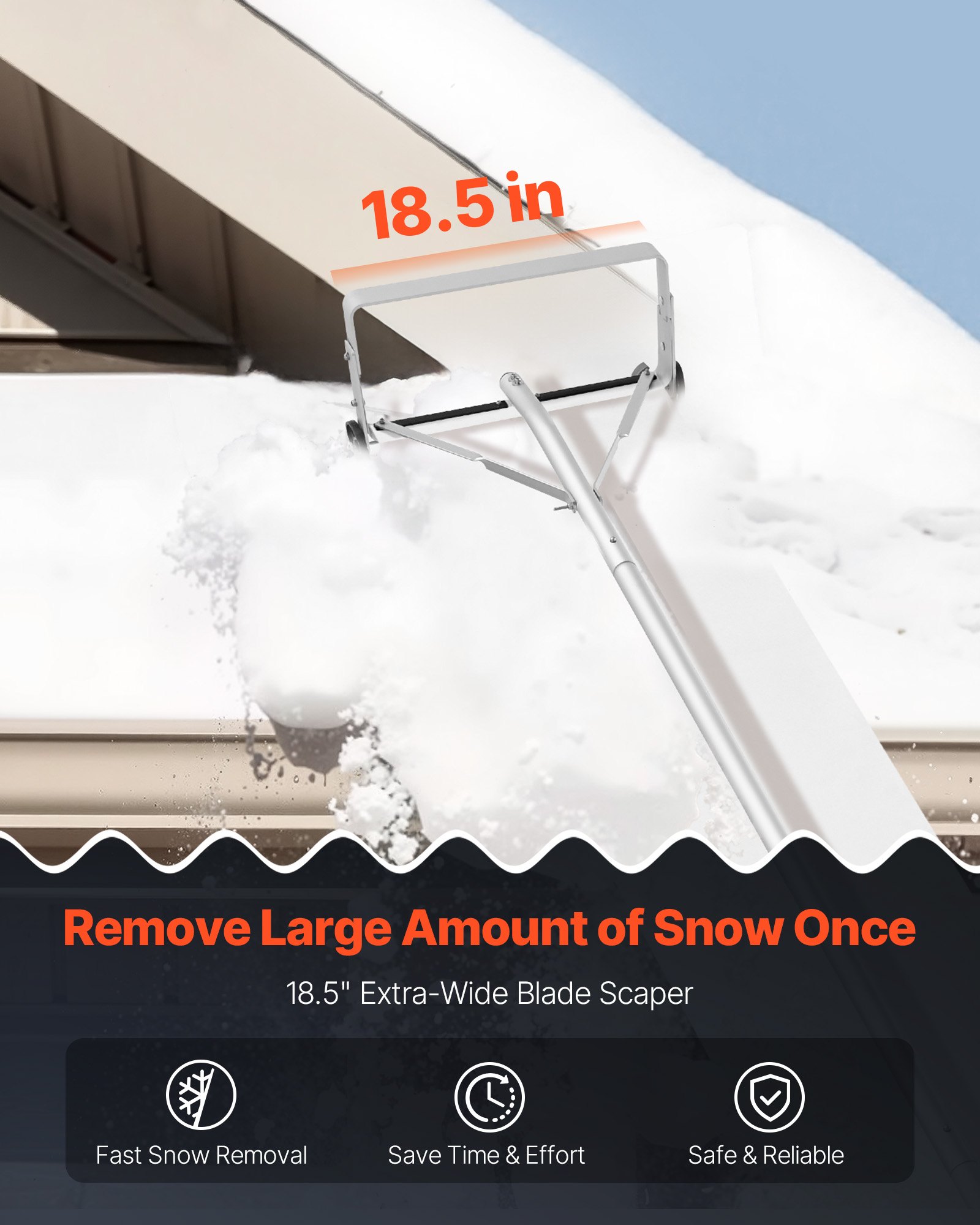 VEVOR Rastrillo de Nieve para Techo 158 - 913 cm con Raspador de 470 mm, Herramienta de Eliminación de Nieve, Mango Antideslizante, Protectoras de Techo con Ruedas para Hojas Caídas, Escombros