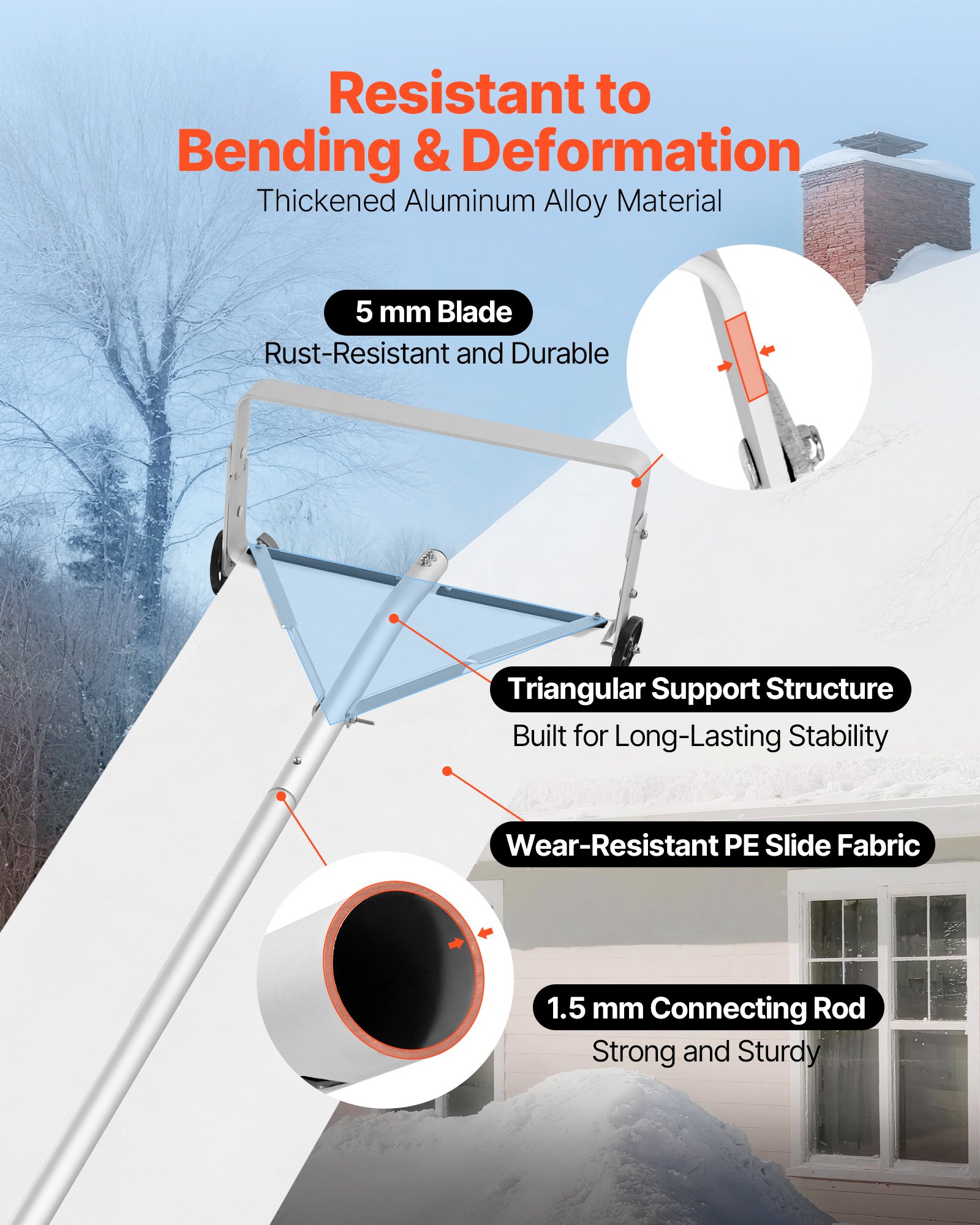 VEVOR Rastrillo de Nieve para Techo 158 - 913 cm con Raspador de 470 mm, Herramienta de Eliminación de Nieve, Mango Antideslizante, Protectoras de Techo con Ruedas para Hojas Caídas, Escombros