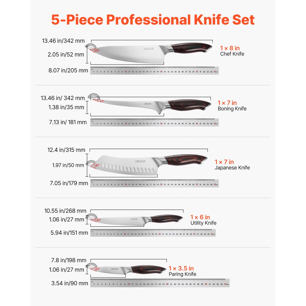 VEVOR Juego de Cuchillos de Cocina de 5 Piezas, de Acero Inoxidable de Alto Carbono, Duraderos y Resistentes a la Corrosión, con Mango Ergonómico y Resistente a la Rotura para Un Corte Preciso