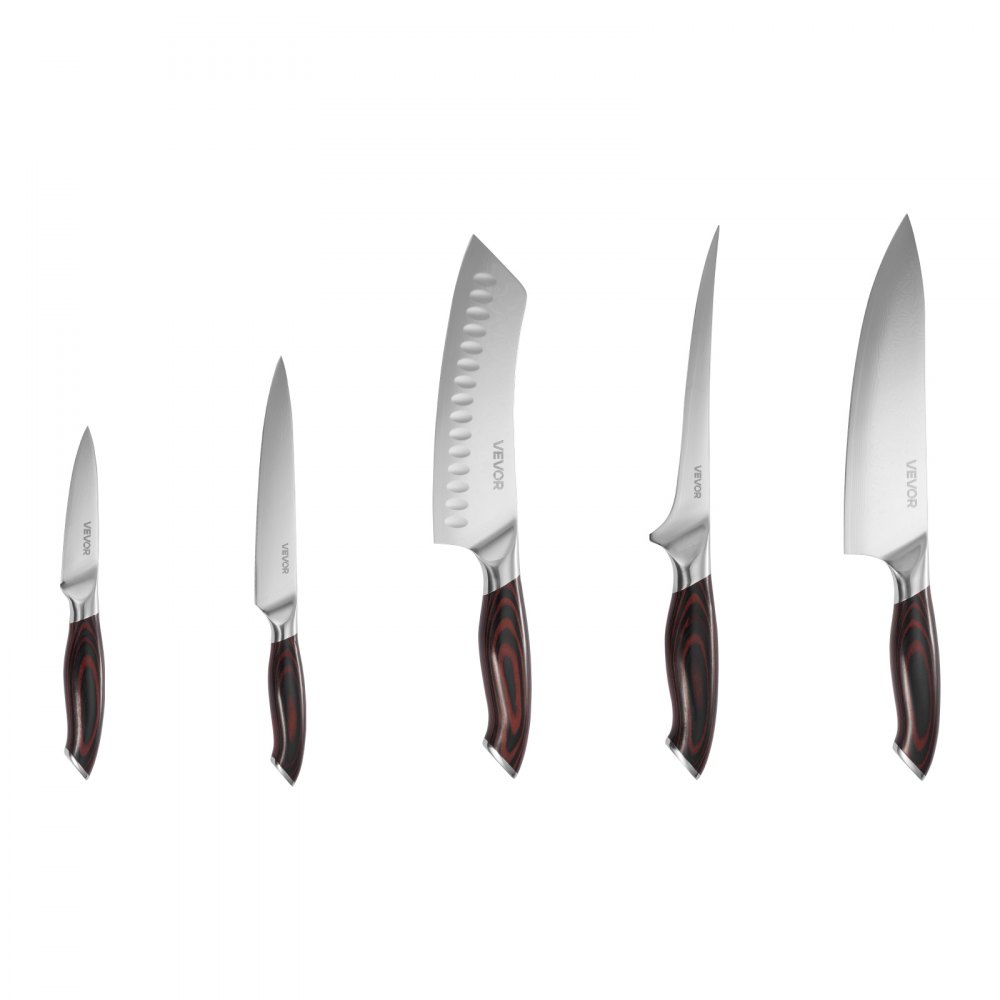 VEVOR Juego de Cuchillos de Cocina de 5 Piezas, de Acero Inoxidable de Alto Carbono, Duraderos y Resistentes a la Corrosión, con Mango Ergonómico y Resistente a la Rotura para Un Corte Preciso
