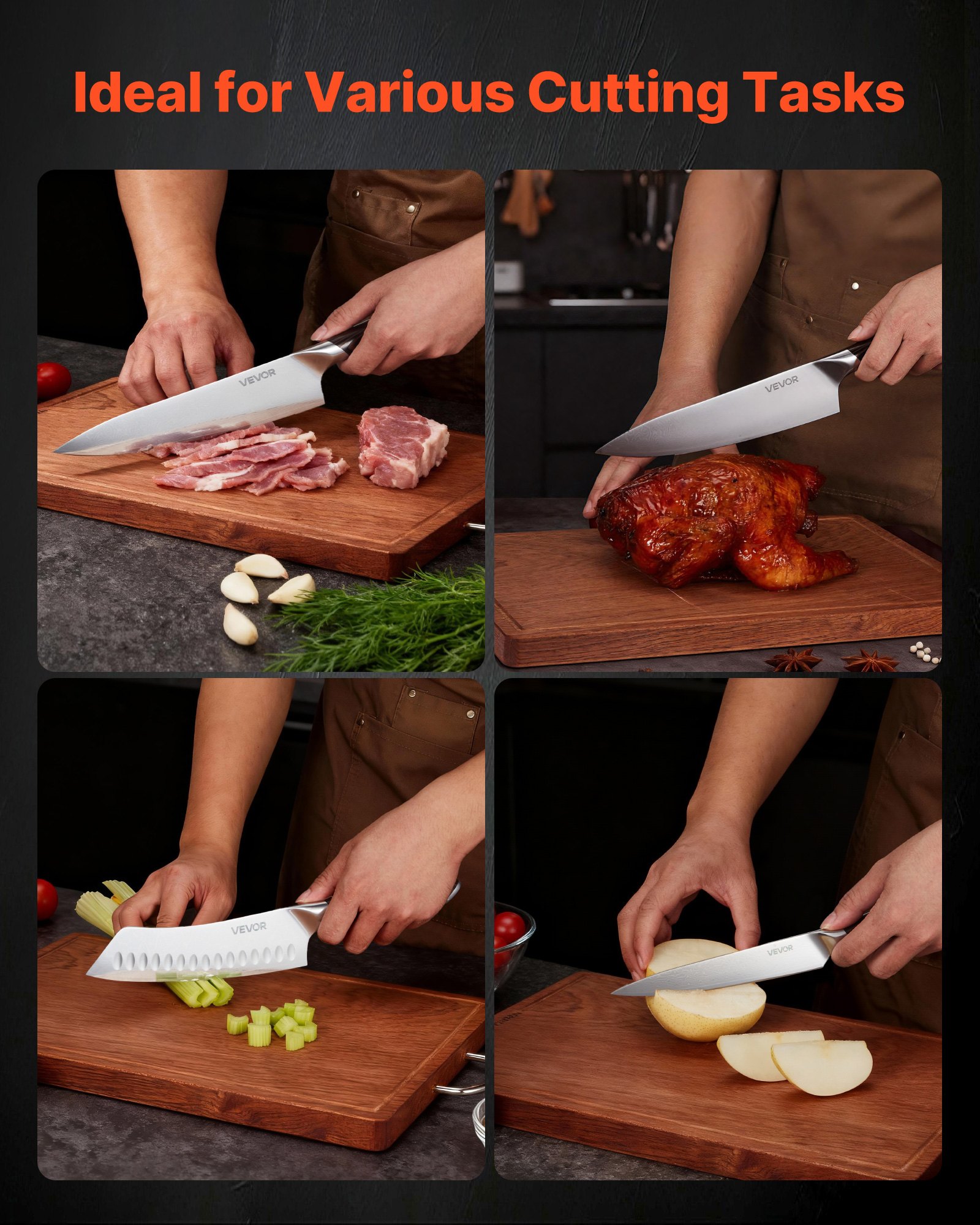 VEVOR Juego de Cuchillos de Cocina de 5 Piezas, de Acero Inoxidable de Alto Carbono, Duraderos y Resistentes a la Corrosión, con Mango Ergonómico y Resistente a la Rotura para Un Corte Preciso