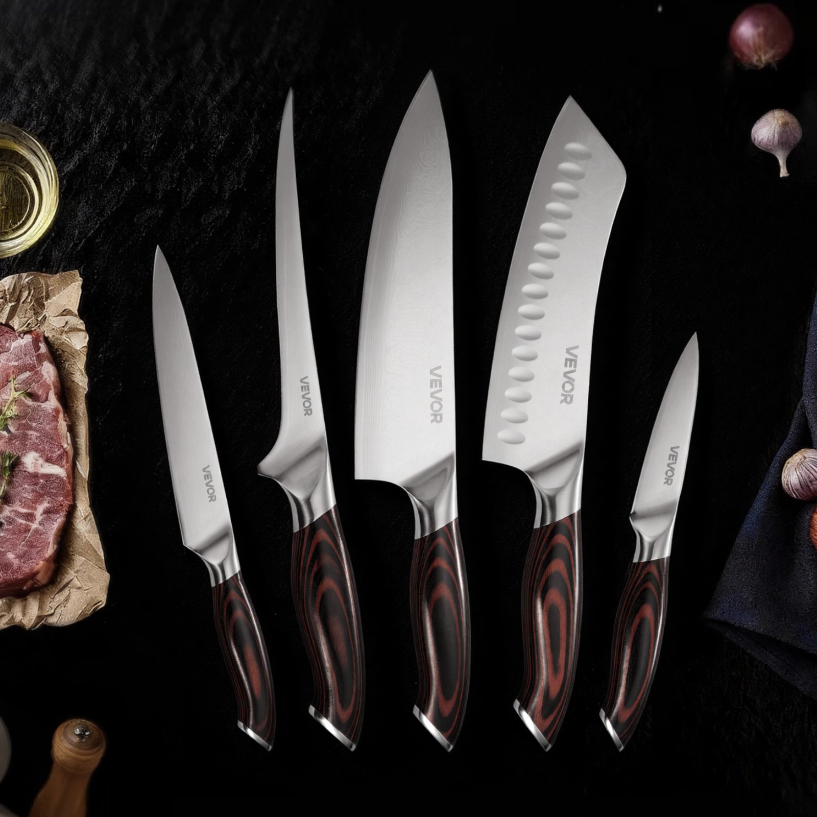 VEVOR Juego de Cuchillos de Cocina de 5 Piezas, de Acero Inoxidable de Alto Carbono, Duraderos y Resistentes a la Corrosión, con Mango Ergonómico y Resistente a la Rotura para Un Corte Preciso