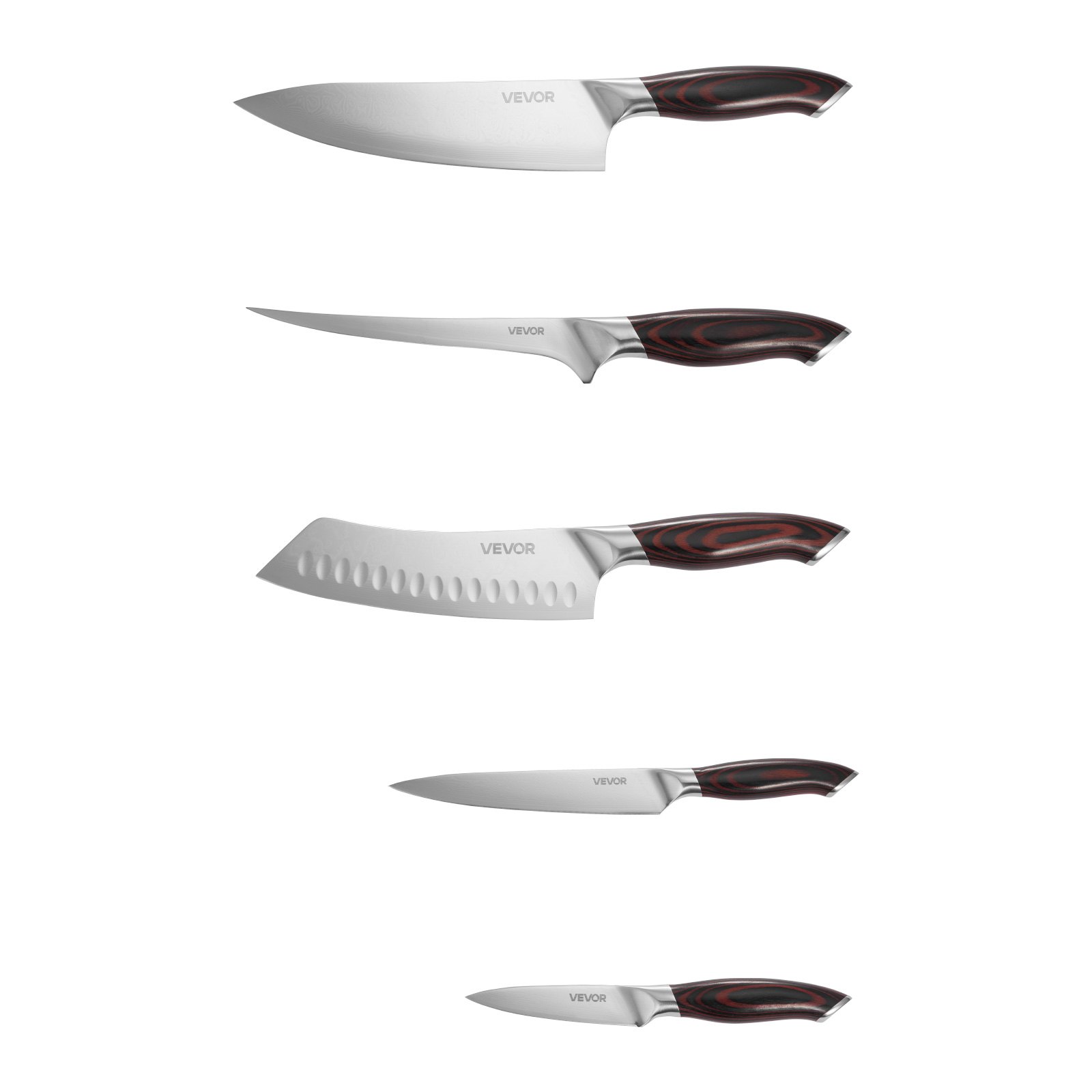 VEVOR Juego de Cuchillos de Cocina de 5 Piezas, de Acero Inoxidable de Alto Carbono, Duraderos y Resistentes a la Corrosión, con Mango Ergonómico y Resistente a la Rotura para Un Corte Preciso