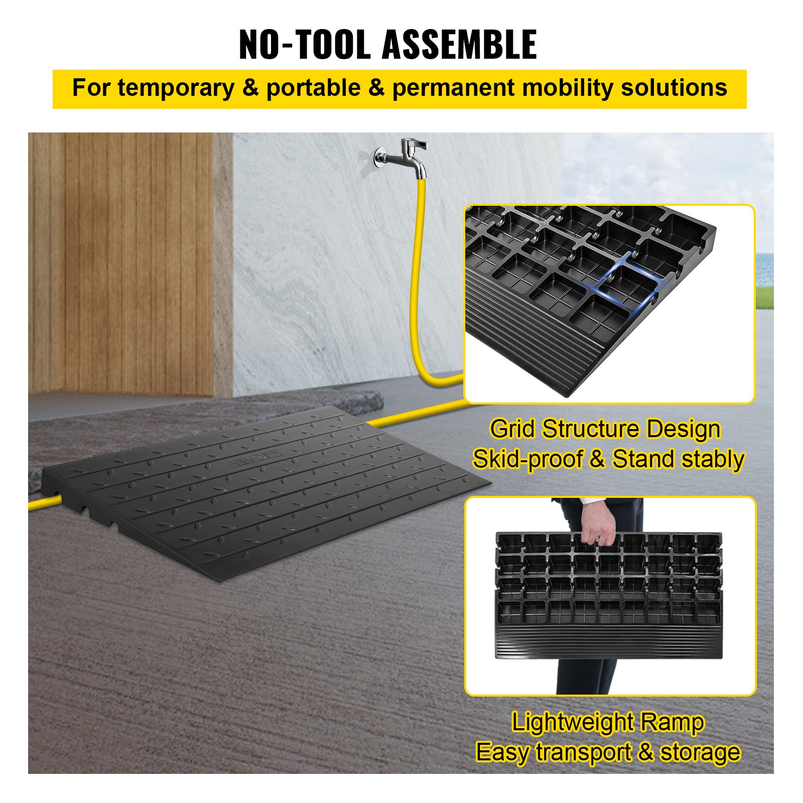 VEVOR Rampa de umbral de goma 6,5 cm cubierta de cable de 3 canales rampa de umbral sólida entrada en ángulo de goma capacidad de carga nominal de 1000 kg para Casas Peldaños Escaleras Puertas Plata