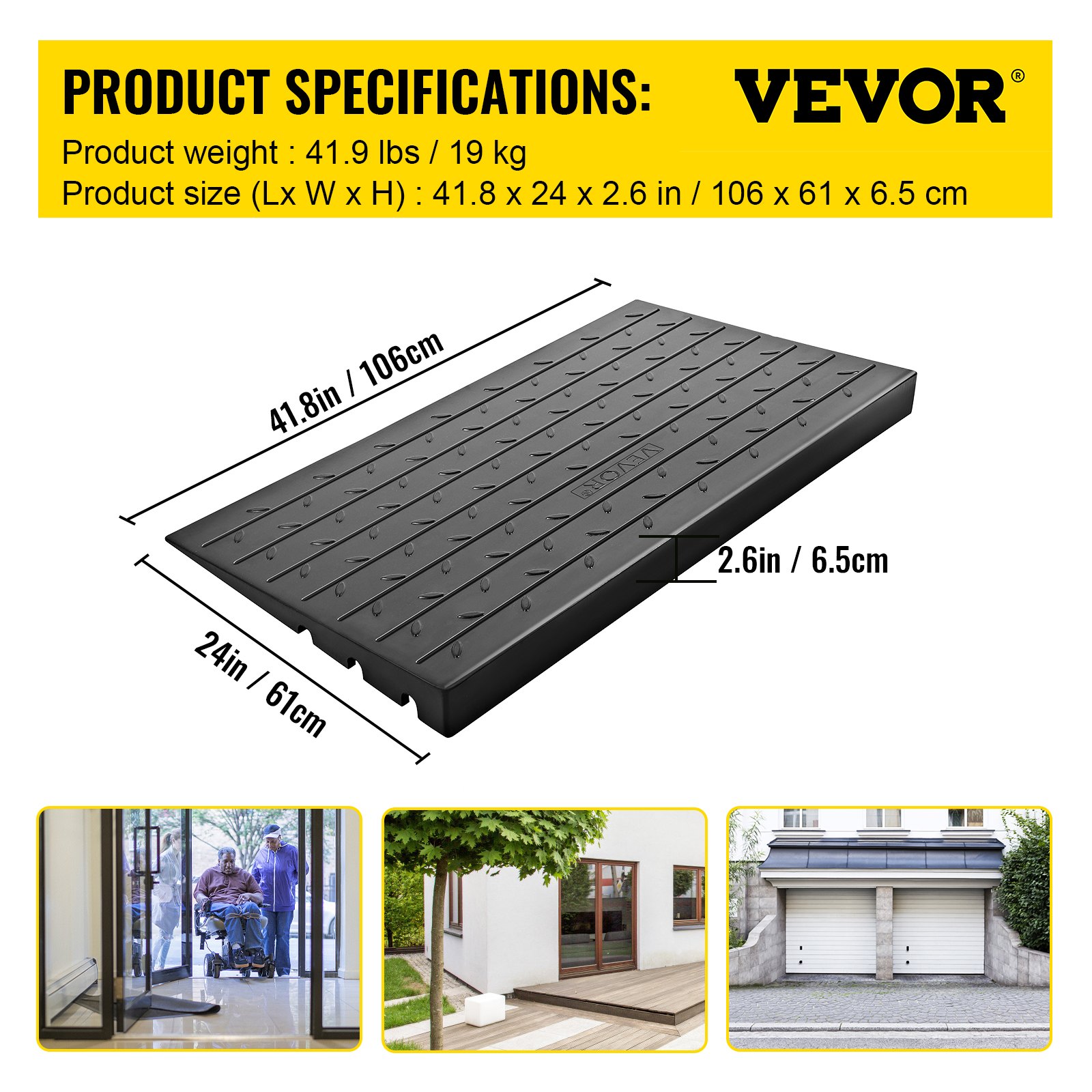 VEVOR Rampa de umbral de goma 6,5 cm cubierta de cable de 3 canales rampa de umbral sólida entrada en ángulo de goma capacidad de carga nominal de 1000 kg para Casas Peldaños Escaleras Puertas Plata