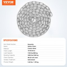 VEVOR Cadena de Eslabones de Acero al Carbono Galvanizado 5,1mm x 3,04m 498 kg