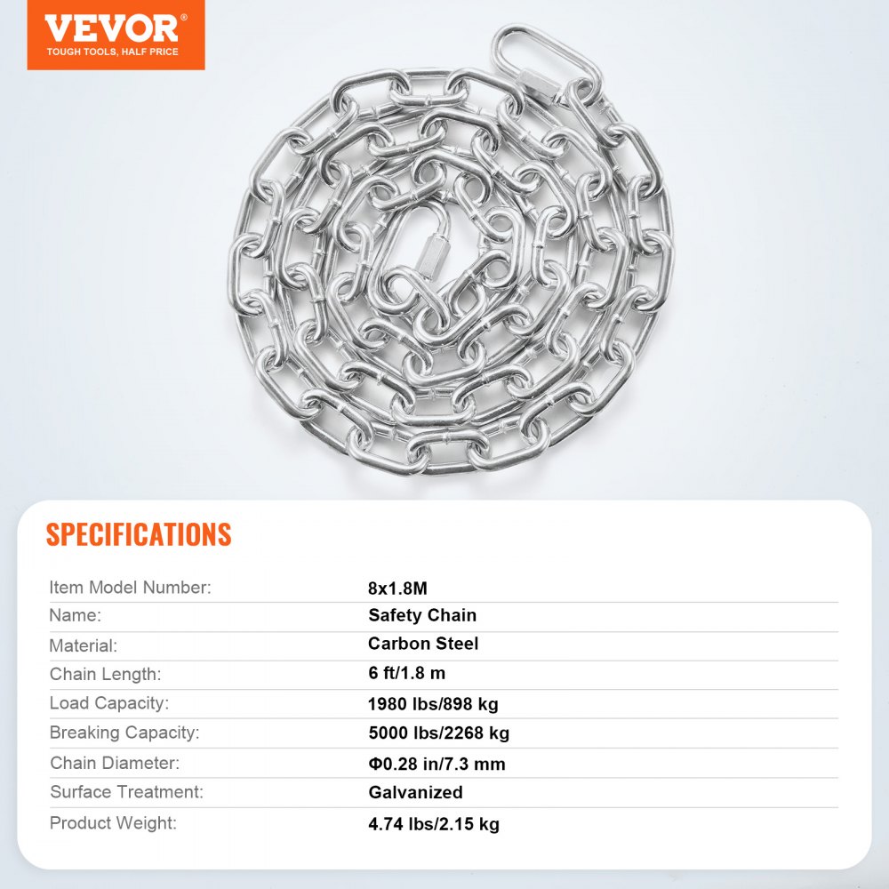 VEVOR Cadena de Eslabones de Acero al Carbono Galvanizado 7,3mm x 1,8m Cadena Helicoidal de Servicio Pesado Capacidad de Carga de 898 kg Dos Conectores Rápidos Cadena para Remolcar, Colgar, Acampar
