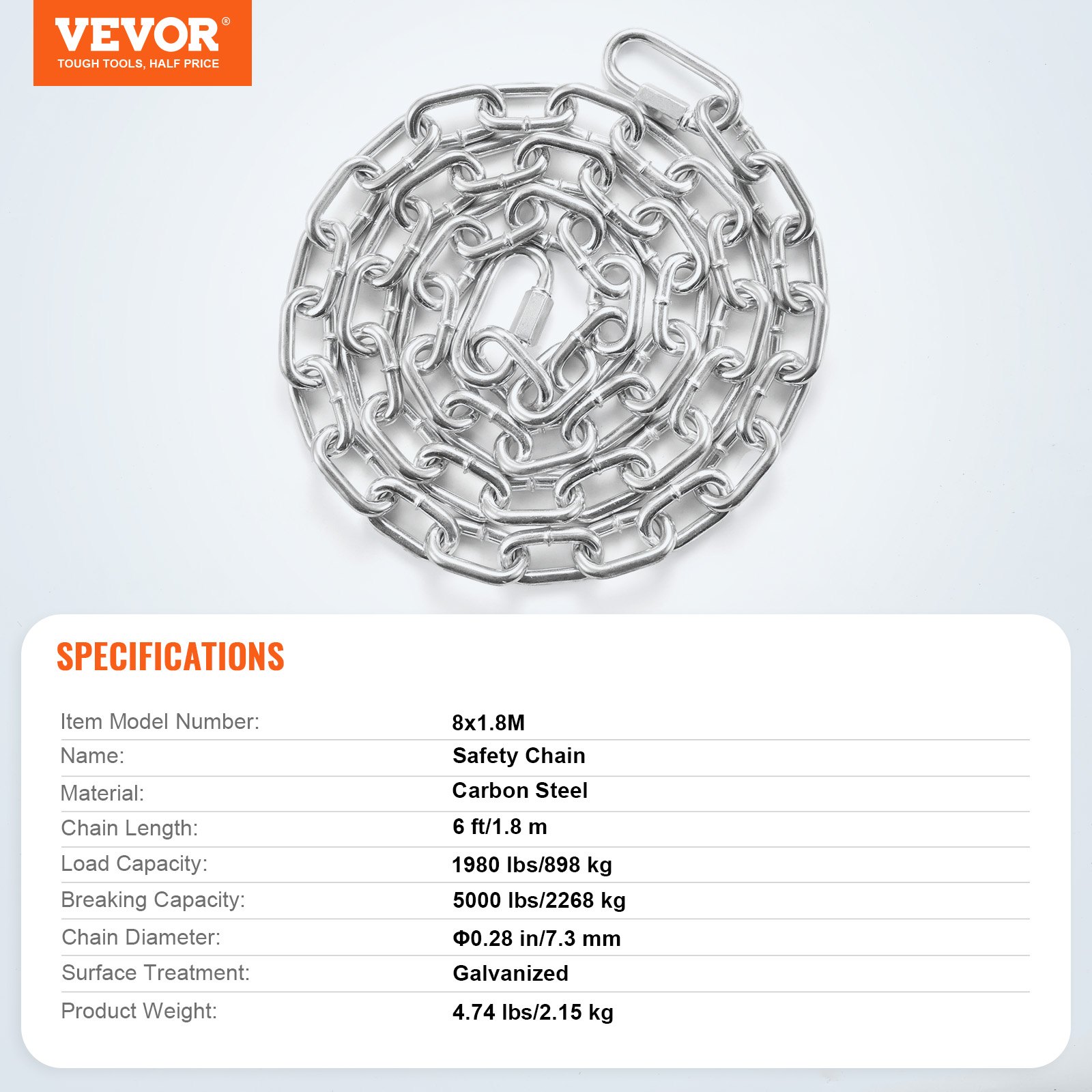VEVOR Cadena de Eslabones de Acero al Carbono Galvanizado 7,3mm x 1,8m Cadena Helicoidal de Servicio Pesado Capacidad de Carga de 898 kg Dos Conectores Rápidos Cadena para Remolcar, Colgar, Acampar