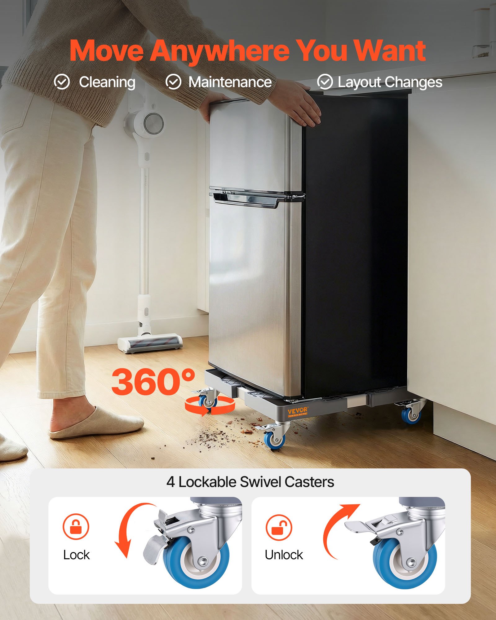 VEVOR Mini Soporte para Nevera Carga 181 kg Mueve Muebles Base Universal Móvil para Lavadora 4 Ruedas Giratorias Bloqueables Base para Frigoríficos, Secadoras, Lavadoras