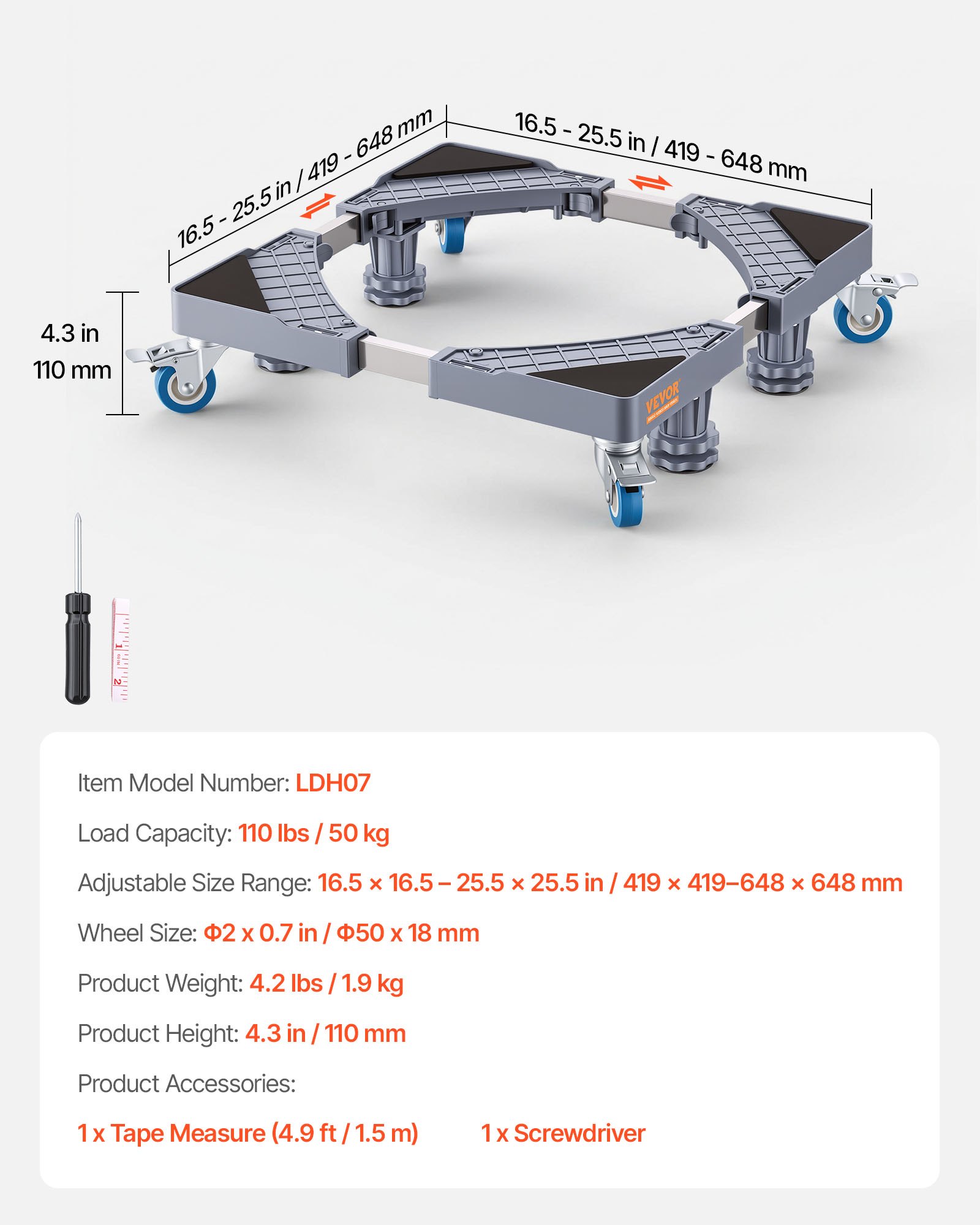 VEVOR Mini Soporte para Nevera Carga 181 kg Mueve Muebles Base Universal Móvil para Lavadora 4 Ruedas Giratorias Bloqueables Base para Frigoríficos, Secadoras, Lavadoras