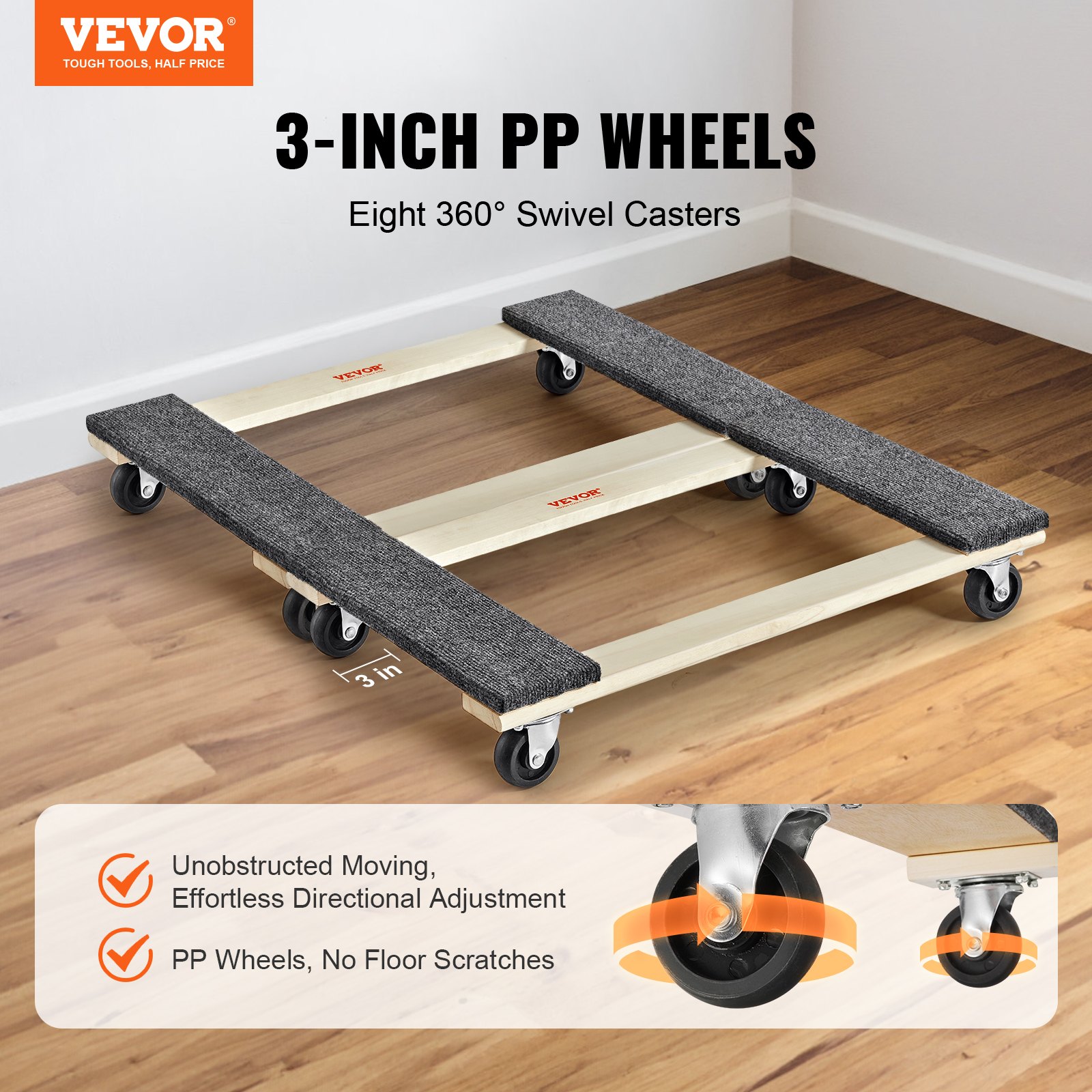 VEVOR Carro de mudanza, 2 piezas, mueve muebles de madera, capacidad de carga 454 kg cada uno, 762 x 457,2 x 130 mm, con 4 ruedas giratorias de PP de alta resistencia, manipulación portátil