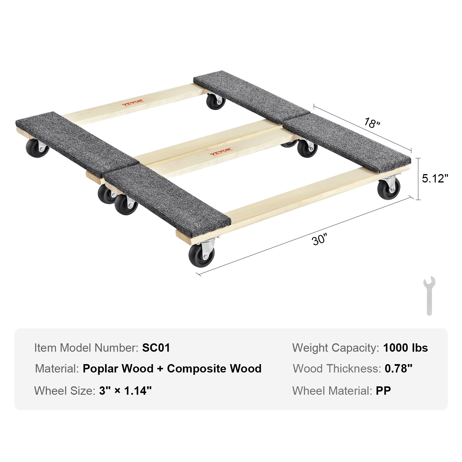 VEVOR Carro de mudanza, 2 piezas, mueve muebles de madera, capacidad de carga 454 kg cada uno, 762 x 457,2 x 130 mm, con 4 ruedas giratorias de PP de alta resistencia, manipulación portátil