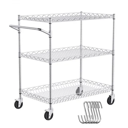 VEVOR Carro de almacenamiento para utensilios de cocina de 3 niveles, carro de alambre con capacidad de 300 kg, carro de servicio con cesta de 80 mm de profundidad, 6 ganchos, 76,2 x 45,7 x 82,3 cm