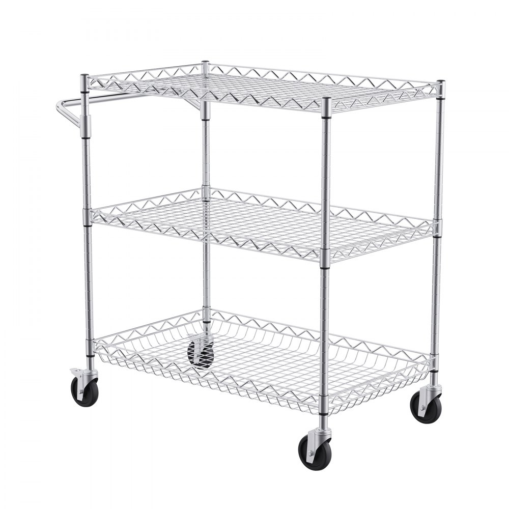 VEVOR Kitchen Trolley, 3-Tier Laboratory Trolley with 300 kg Capacity, Chrome Serving Trolley, Clearing Trolley, Transport Trolley, Storage Trolley with Recessed Basket & 6 Hooks, for Indoor and Outdoor Use