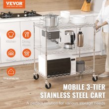 VEVOR Carro de almacenamiento para utensilios de cocina de 3 niveles, carro de alambre con capacidad de 300 kg, carro de servicio con cesta de 80 mm de profundidad, 6 ganchos, 76,2 x 45,7 x 82,3 cm