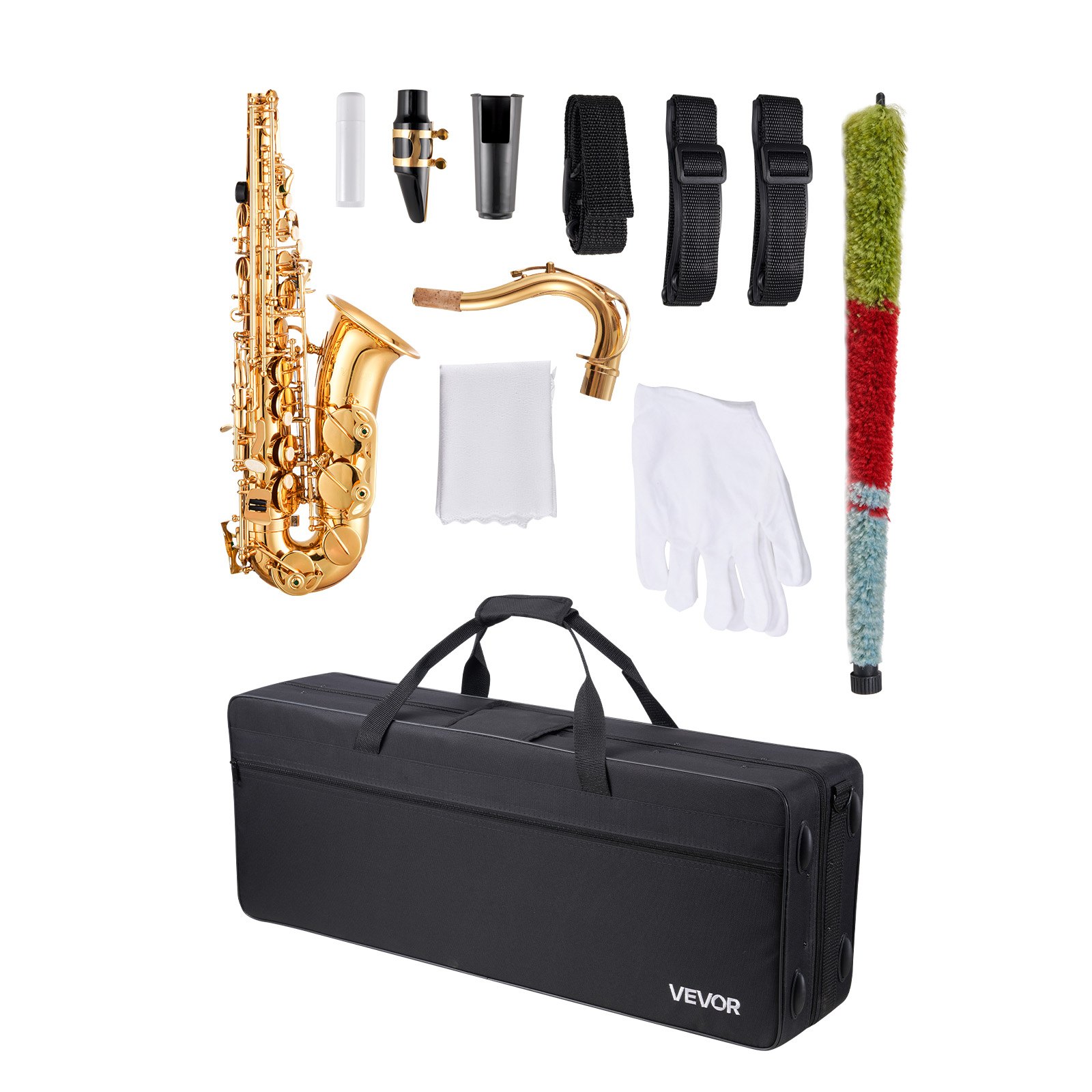 VEVOR Tenor Saxophone, B-flat Major, Brass Saxophone Beginner Set with Carrying Case, Mouthpiece, Straps, Cleaning Cloth, Gloves, Neck Strap, 23-Key Tenor Saxophone Set, for Beginners & Students, Gold