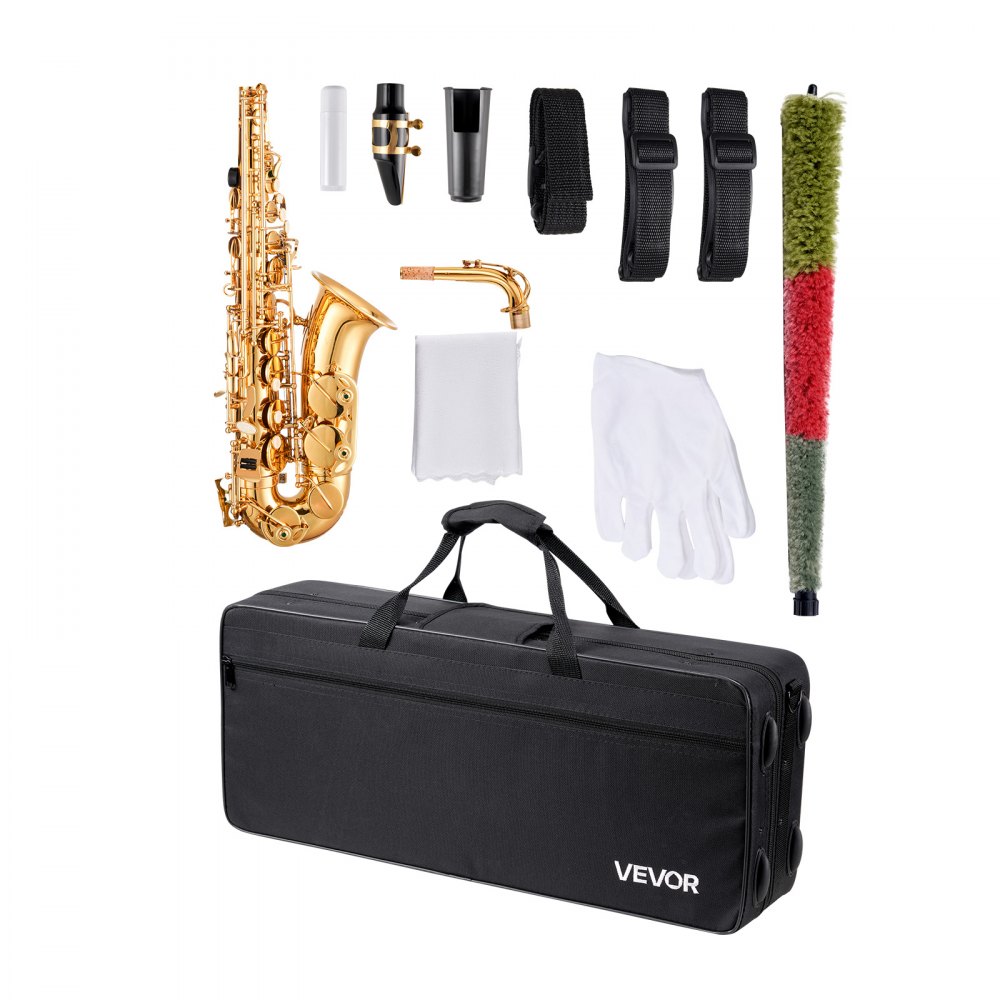 VEVOR Alto Saxophone, E Major, Brass Saxophone Beginner Set with Carrying Case, Mouthpiece, Straps, Cleaning Cloth, Gloves, Grease, Neck Strap, 23-Key Alto Saxophone Set, for Beginners & Students, Gold