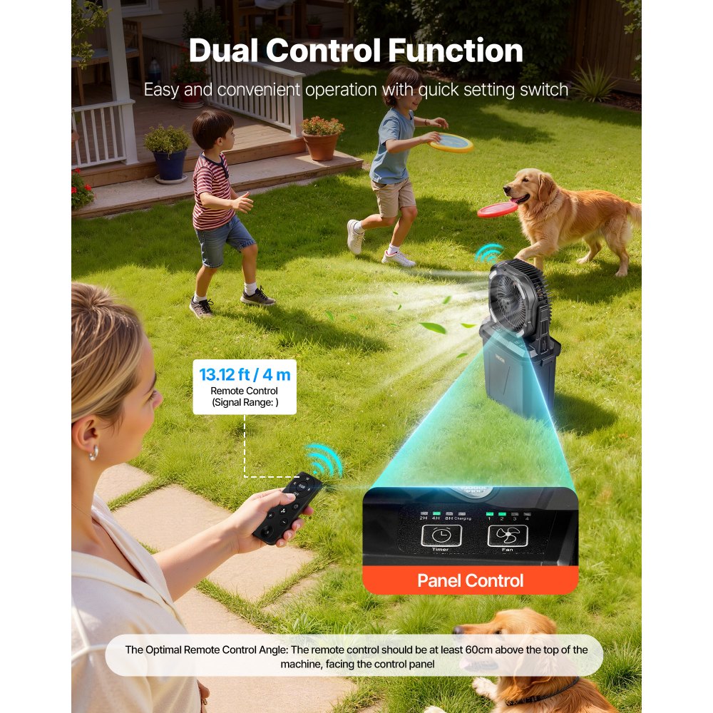 VEVOR Ventilador Nebulizador de Agua 11 W Motor de 2700 RPM, Ventilador Humidificador con Tanque de Agua de 9 L, Batería de 10.000 mAh, 4 Velocidades de Viento, 5 Modos de Iluminación, para Camping