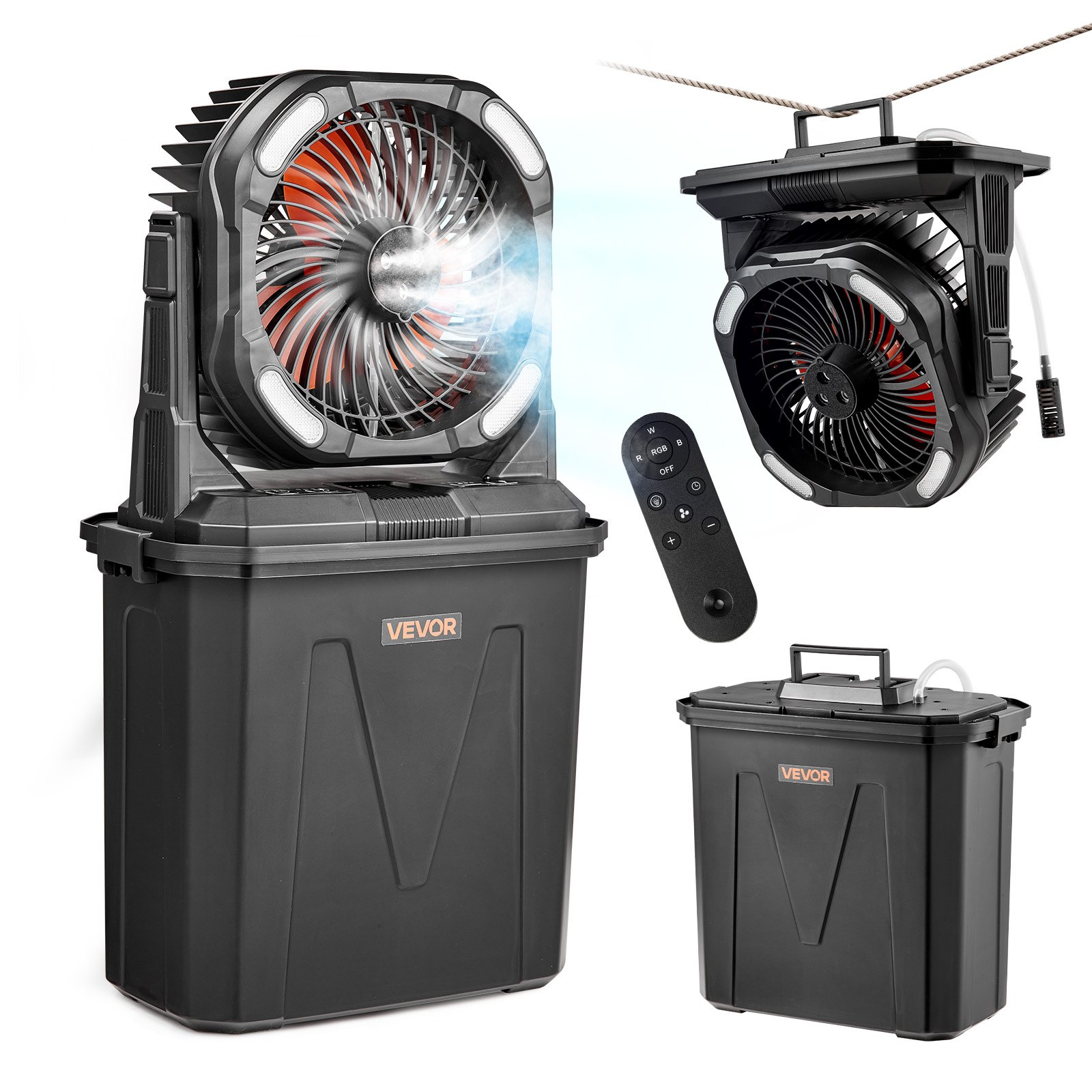 VEVOR Ventilador Nebulizador de Agua 11 W Motor de 2700 RPM, Ventilador Humidificador con Tanque de Agua de 9 L, Batería de 10.000 mAh, 4 Velocidades de Viento, 5 Modos de Iluminación, para Camping
