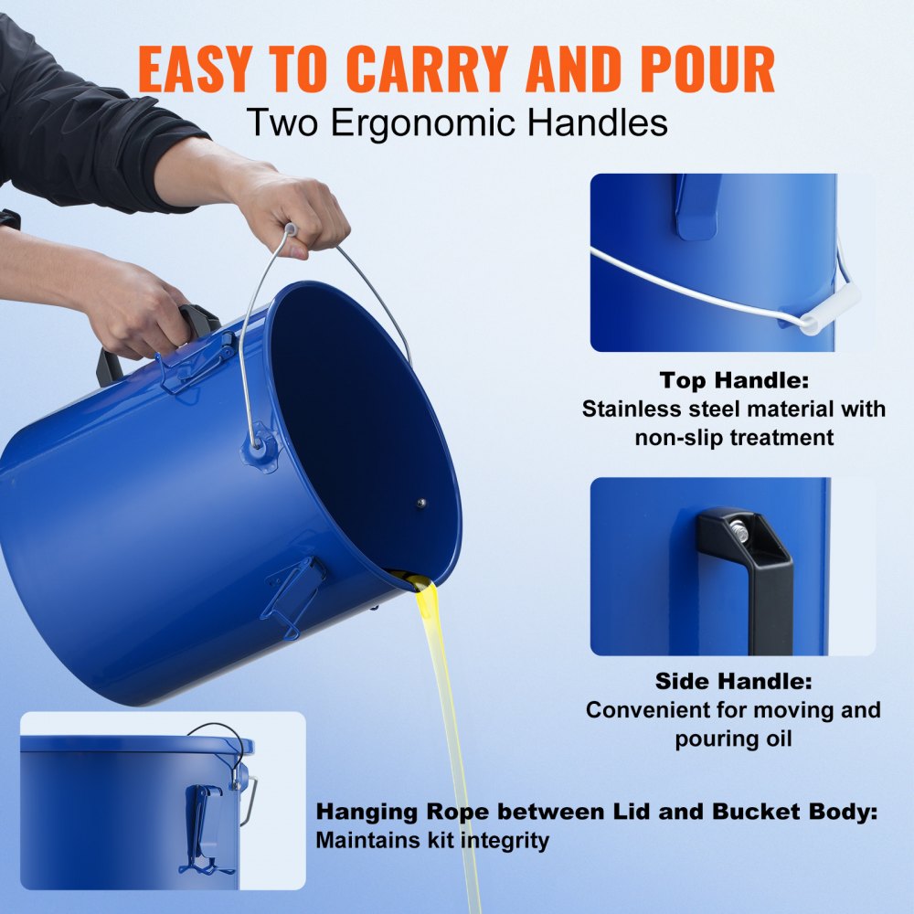 VEVOR Recolector de grasa y aceite usado, 22,7 L, tambor recolector de aceite de freidora de acero al carbono, recipiente de aceite con tapa, pinzas de bloqueo, bolsa de filtro para cocina, Azul
