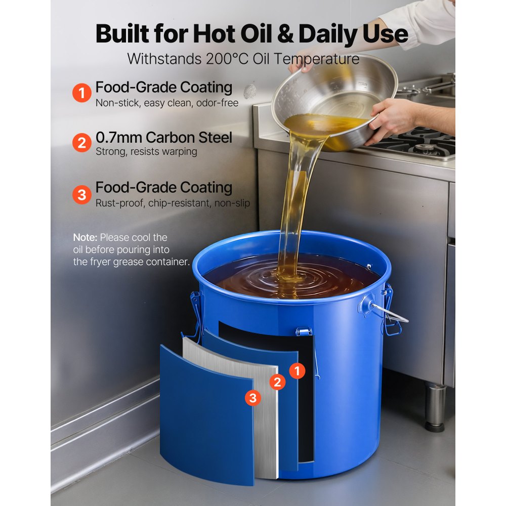 VEVOR Recolector de grasa y aceite usado, 22,7 L, tambor recolector de aceite de freidora de acero al carbono, recipiente de aceite con tapa, pinzas de bloqueo, bolsa de filtro para cocina, Azul