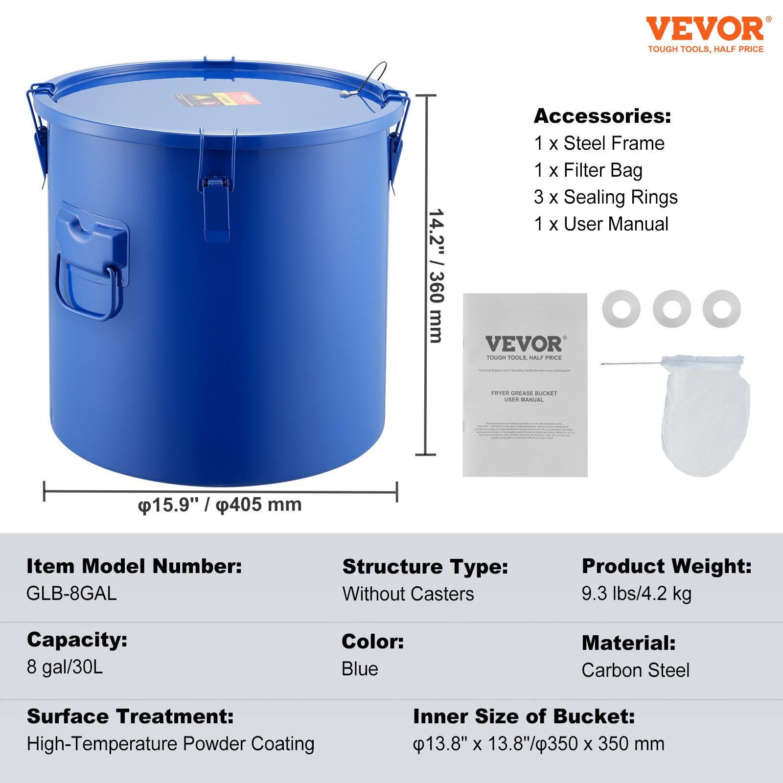 VEVOR Recolector de grasa y aceite usado 30L, Tambor de recolección de aceite para freidora de acero al carbono, Recipiente para aceite con tapa, Pinzas de bloqueo, Bolsa de filtro para cocina, Azul