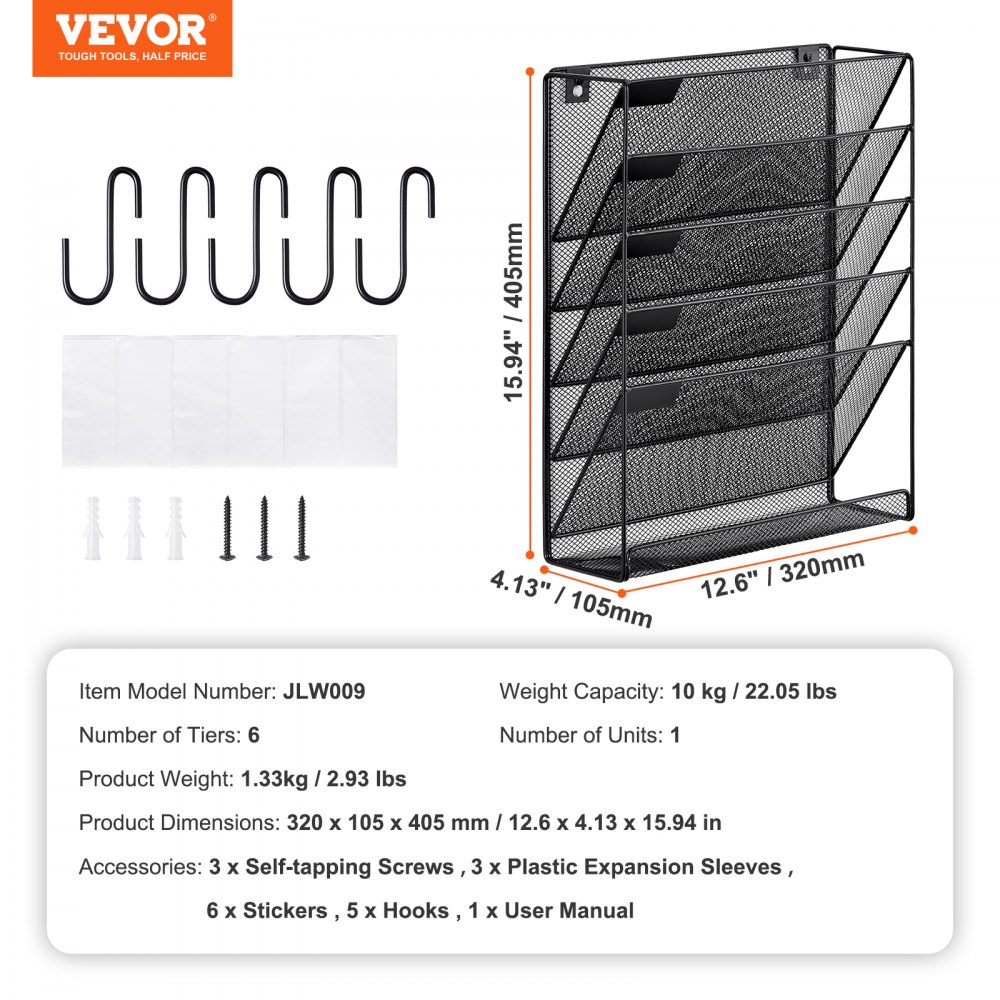 VEVOR 1 PCS Estantes de Pared de Malla Metálica para Archivos de 6 Capas Carpeta de Almacenamiento de Documentos y Papel, Estante de Pared de Archivos con Etiqueta con Nombre para Oficina, Escuela