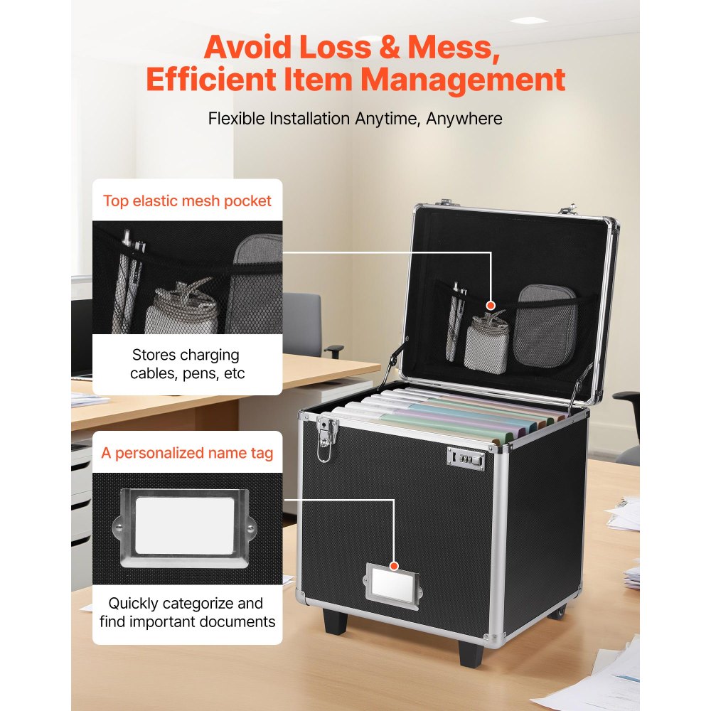 VEVOR Caja Organizadora de Archivos con Ruedas, Tamaño Interno 396,2 x 320 x 381 mm, Estuche Portátil para Documentos con Cerradura y Asa Telescópica, para Oficina, Viajes de Negocios, Negro