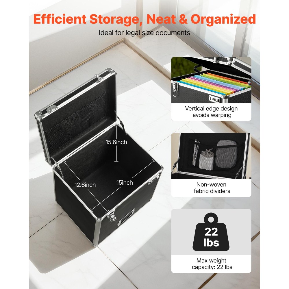 VEVOR Caja Organizadora de Archivos con Ruedas, Tamaño Interno 396,2 x 320 x 381 mm, Estuche Portátil para Documentos con Cerradura y Asa Telescópica, para Oficina, Viajes de Negocios, Negro