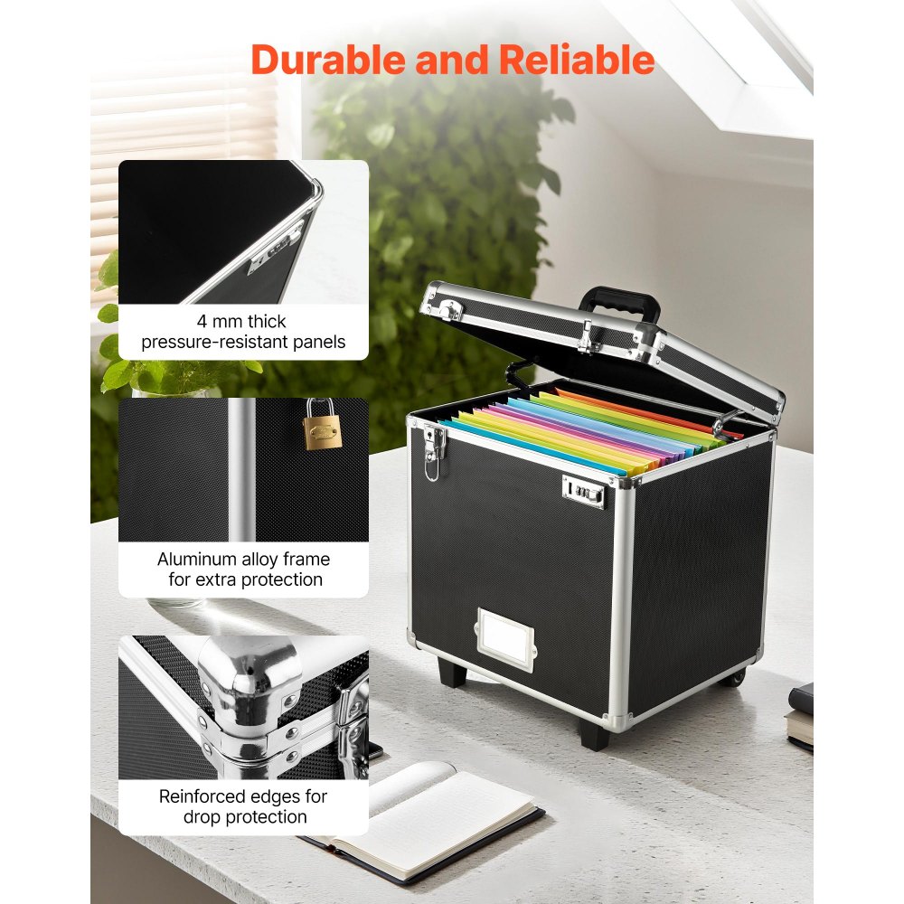 VEVOR Caja Organizadora de Archivos con Ruedas, Tamaño Interno 396,2 x 320 x 381 mm, Estuche Portátil para Documentos con Cerradura y Asa Telescópica, para Oficina, Viajes de Negocios, Negro
