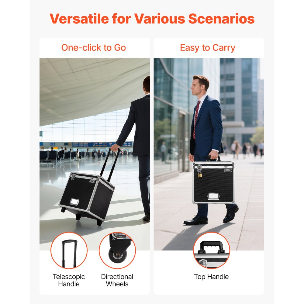 VEVOR Caja Organizadora de Archivos con Ruedas, Tamaño Interno 396,2 x 320 x 381 mm, Estuche Portátil para Documentos con Cerradura y Asa Telescópica, para Oficina, Viajes de Negocios, Negro